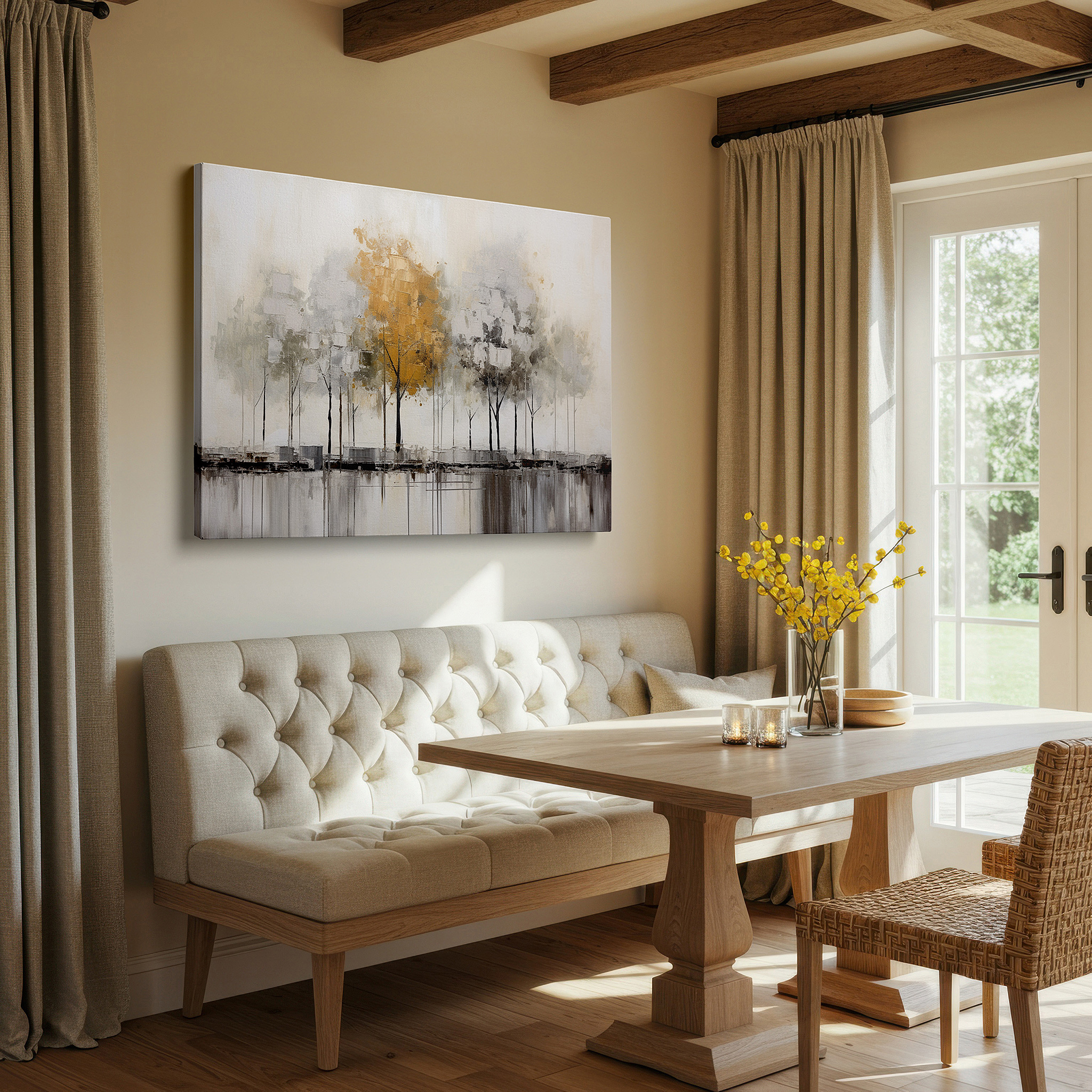 Set in a minimalist interior with textured walls and soft rugs — gray stylized trees with gold splashes exude serenity and tranquility - large canvas wall art for office decor