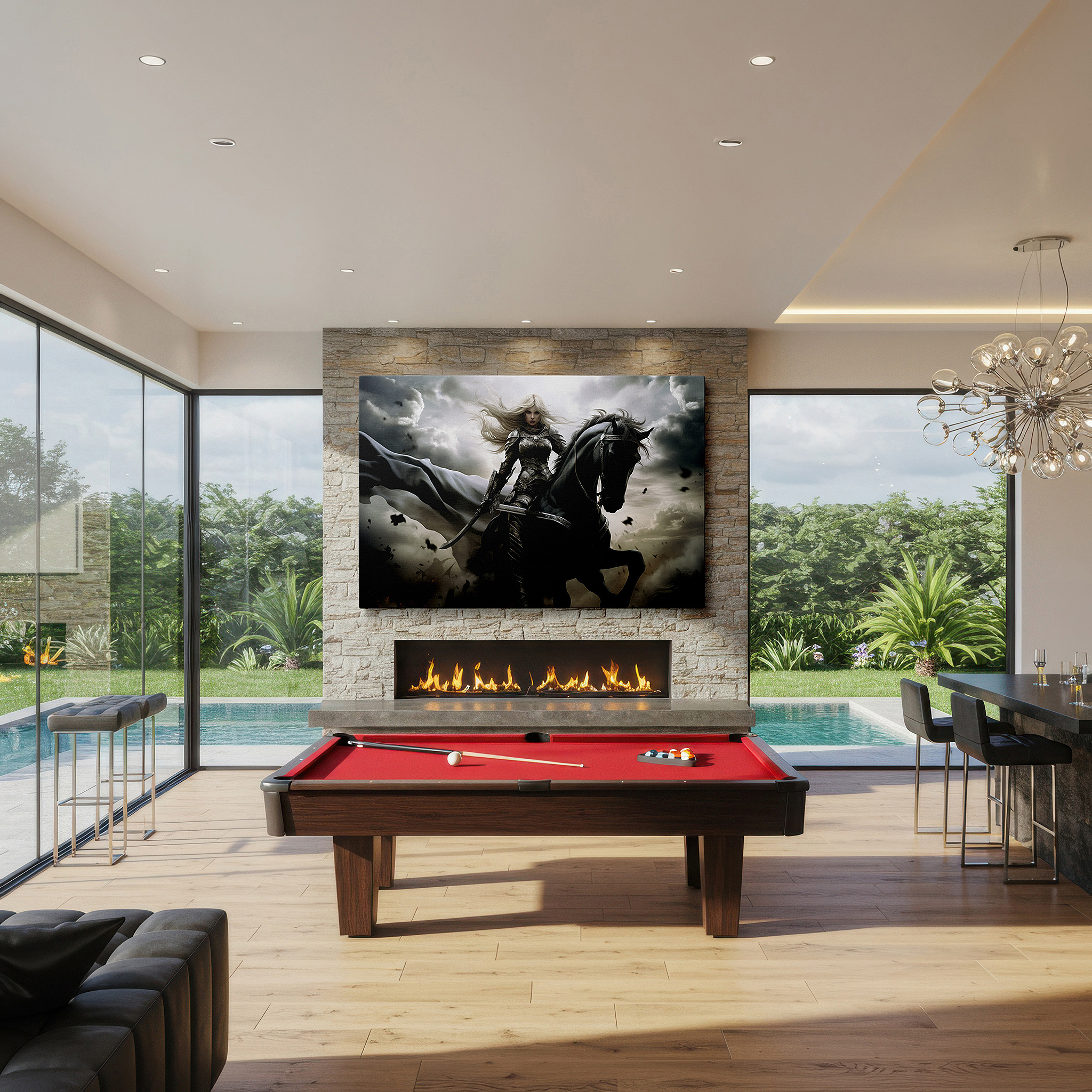 Set in a minimalist interior with textured walls and soft rugs — heroic female knight and black horse charging through a stormy saga - large canvas wall art for office, bedroom, and living room decor