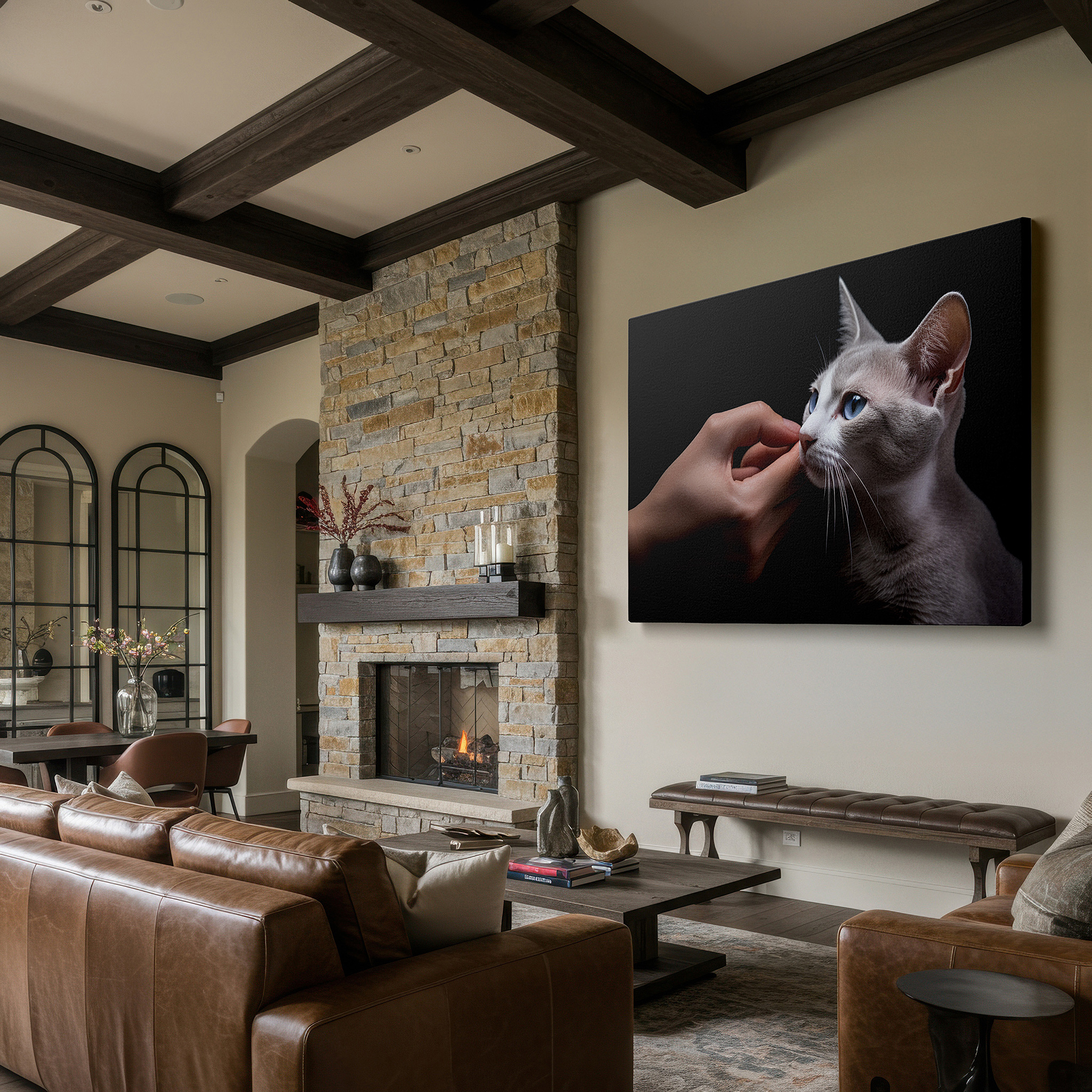 Set in a minimalist interior with textured walls and soft rugs — intimate moment of friendship between cat and owner illustrated in large wall art, canvas wall art, wall art decor, office wall art, bedroom wall art