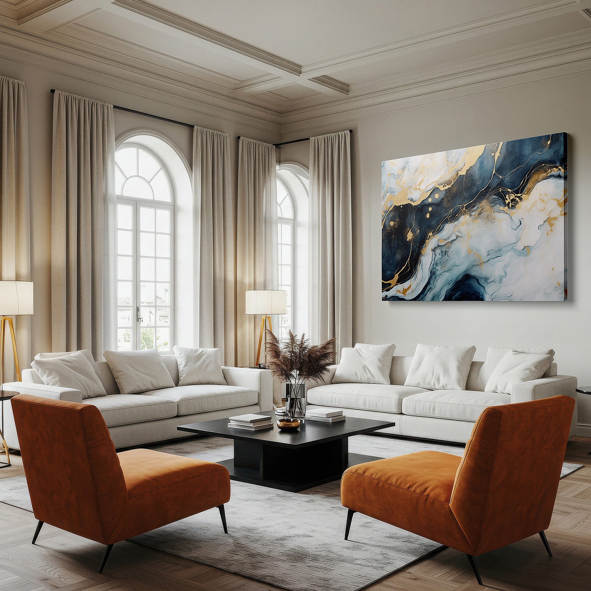 Set in a minimalist interior with textured walls and soft rugs — luxurious ocean blues and moonlit gold accents large wall art, canvas wall art, wall decor for office and bedroom