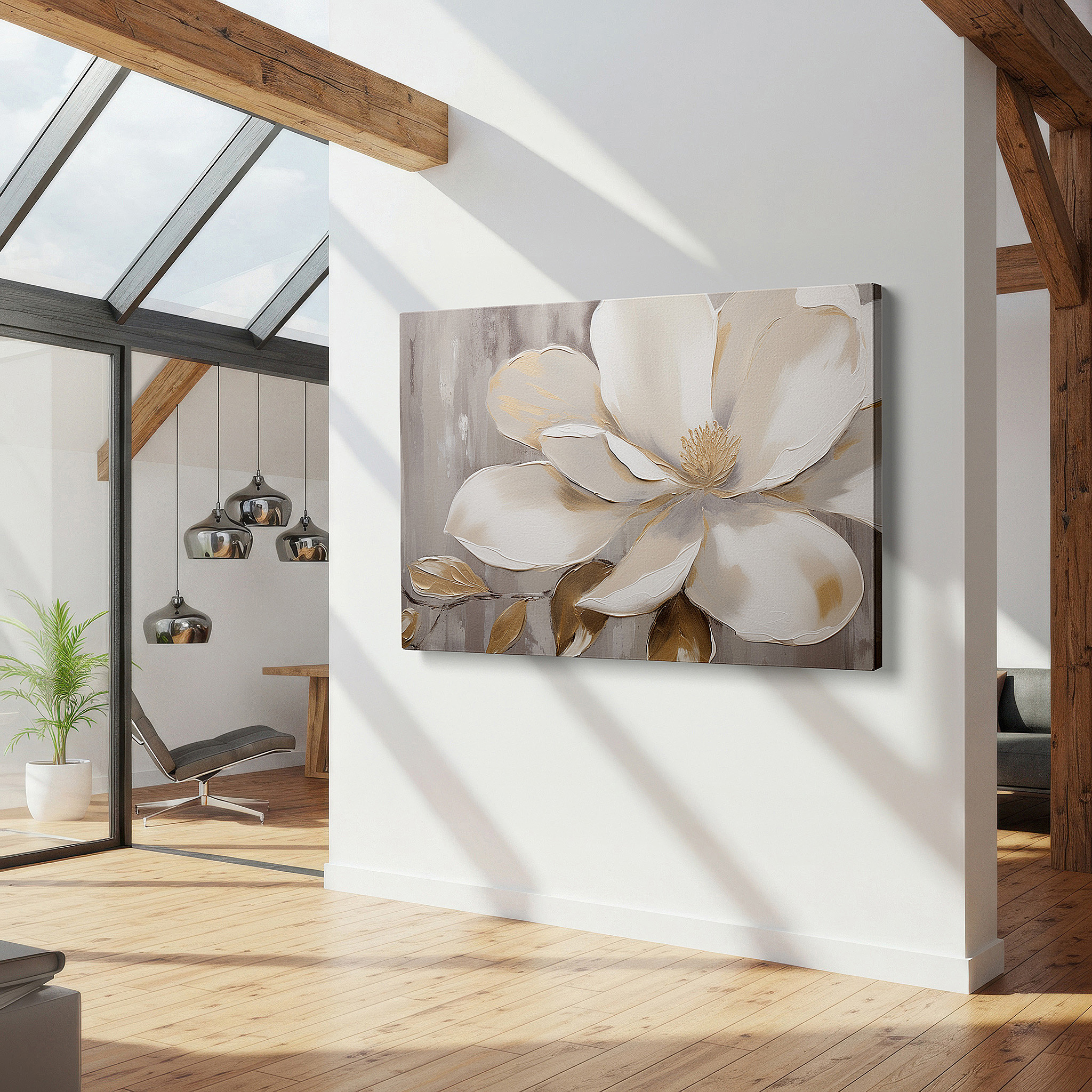 Set in a minimalist interior with textured walls and soft rugs — magnolia blossom's serene beauty: elegant and luxurious nature-inspired large wall art, perfect for office and bedroom decor