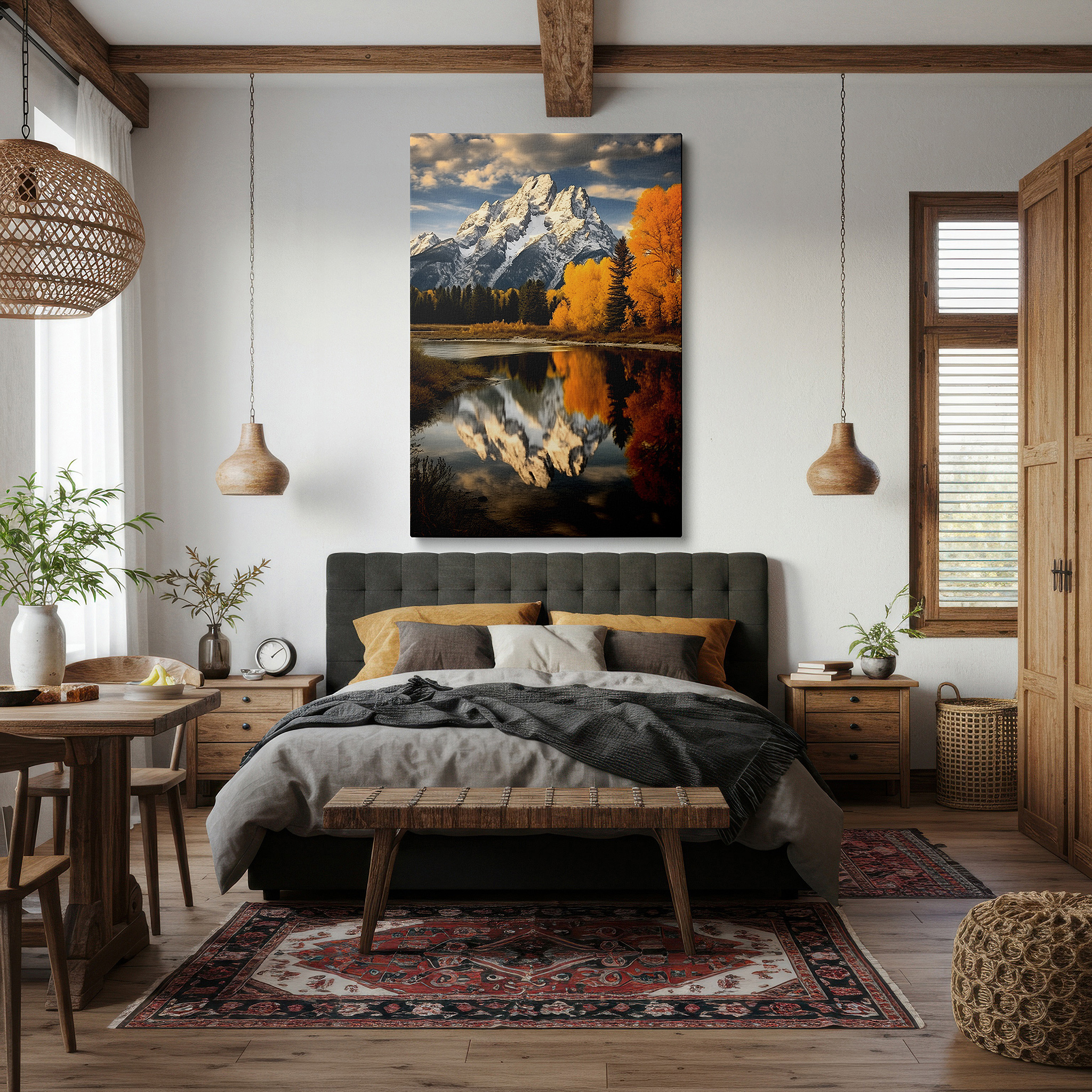 Set in a minimalist interior with textured walls and soft rugs — majestic mountains and autumn reflections in a tranquil lake: large canvas wall art for office, bedroom, and living room decor
