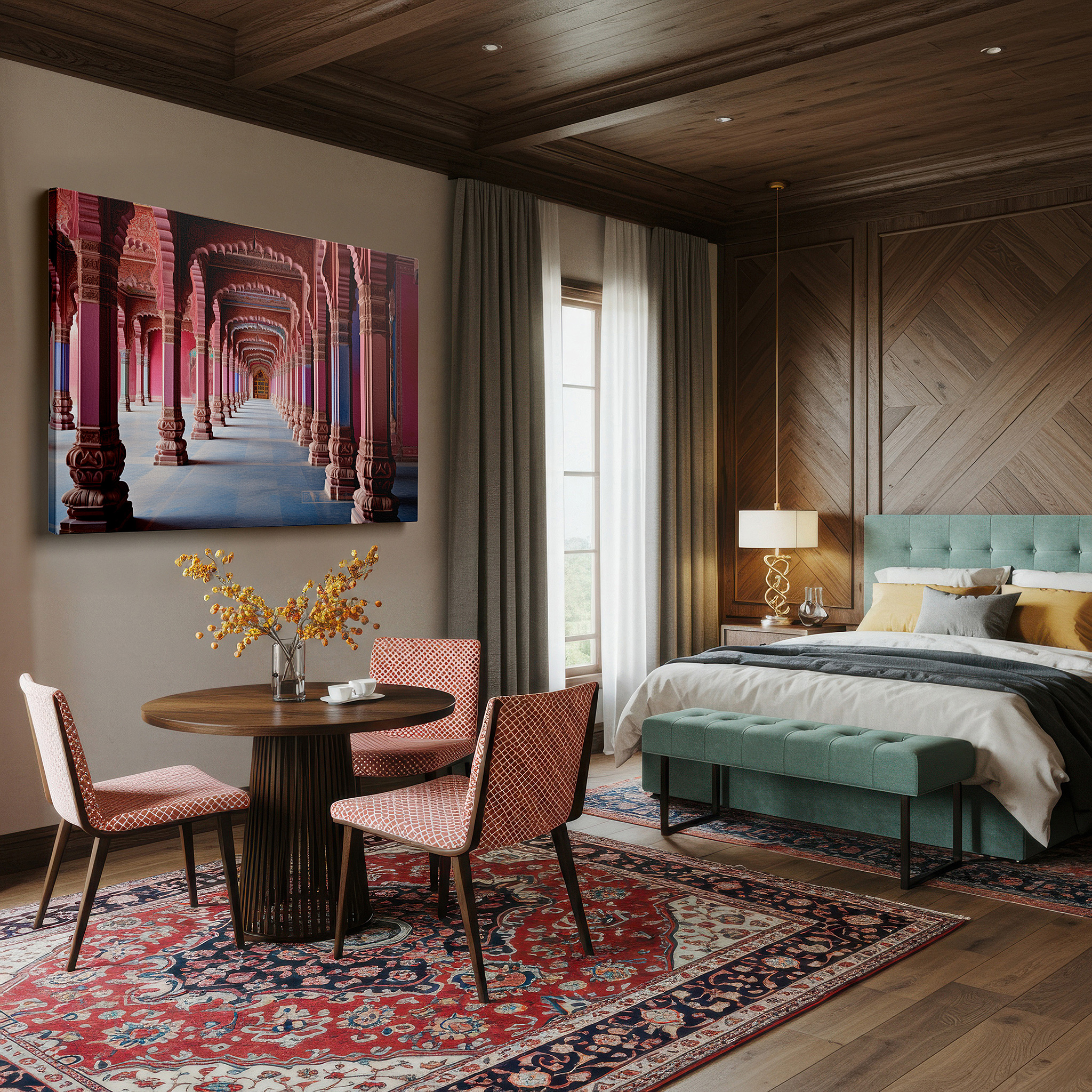 Set in a minimalist interior with textured walls and soft rugs — majestic palace hallway canvas featuring ornate pink columns and vibrant arches, ideal for office, bedroom, and home decor wall art