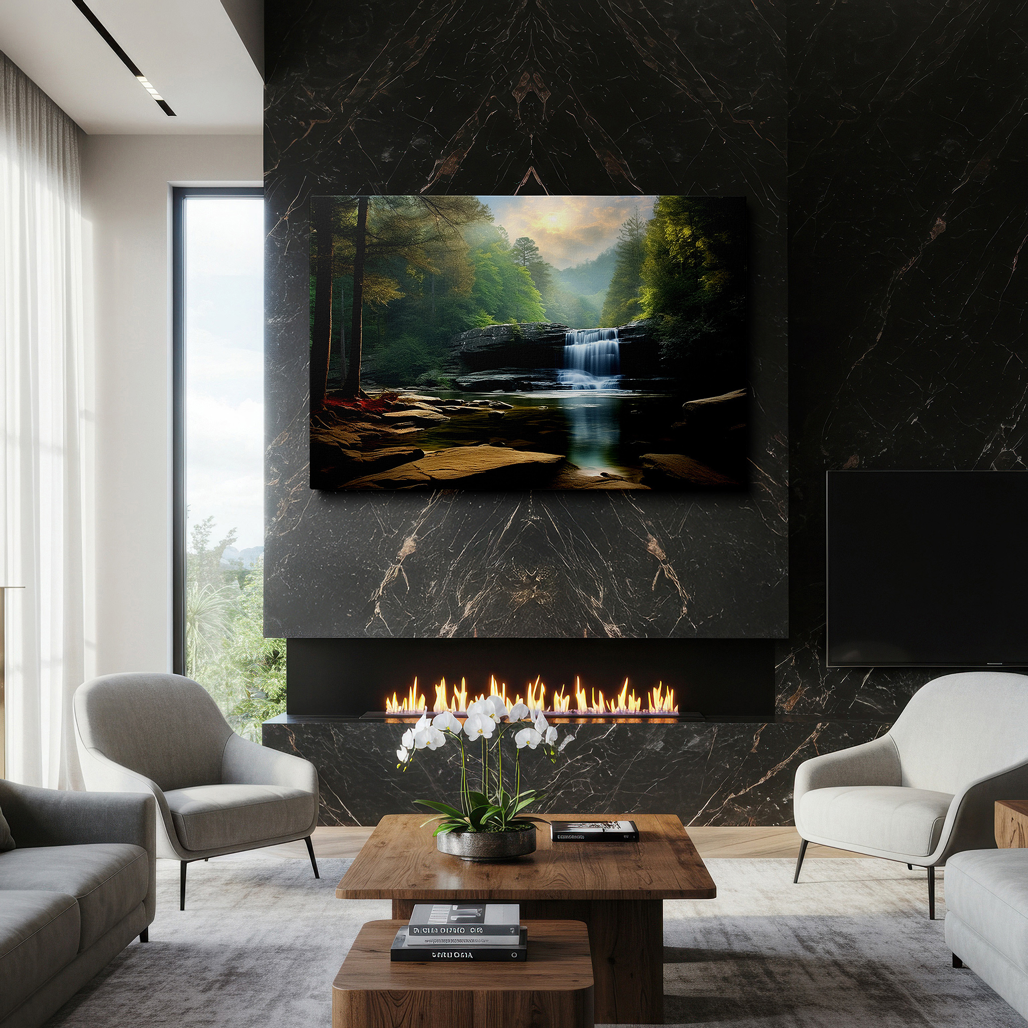 Set in a minimalist interior with textured walls and soft rugs — majestic waterfall surrounded by verdant foliage, serene nature scene as large wall art, canvas wall art, wall decor for office and bedroom
