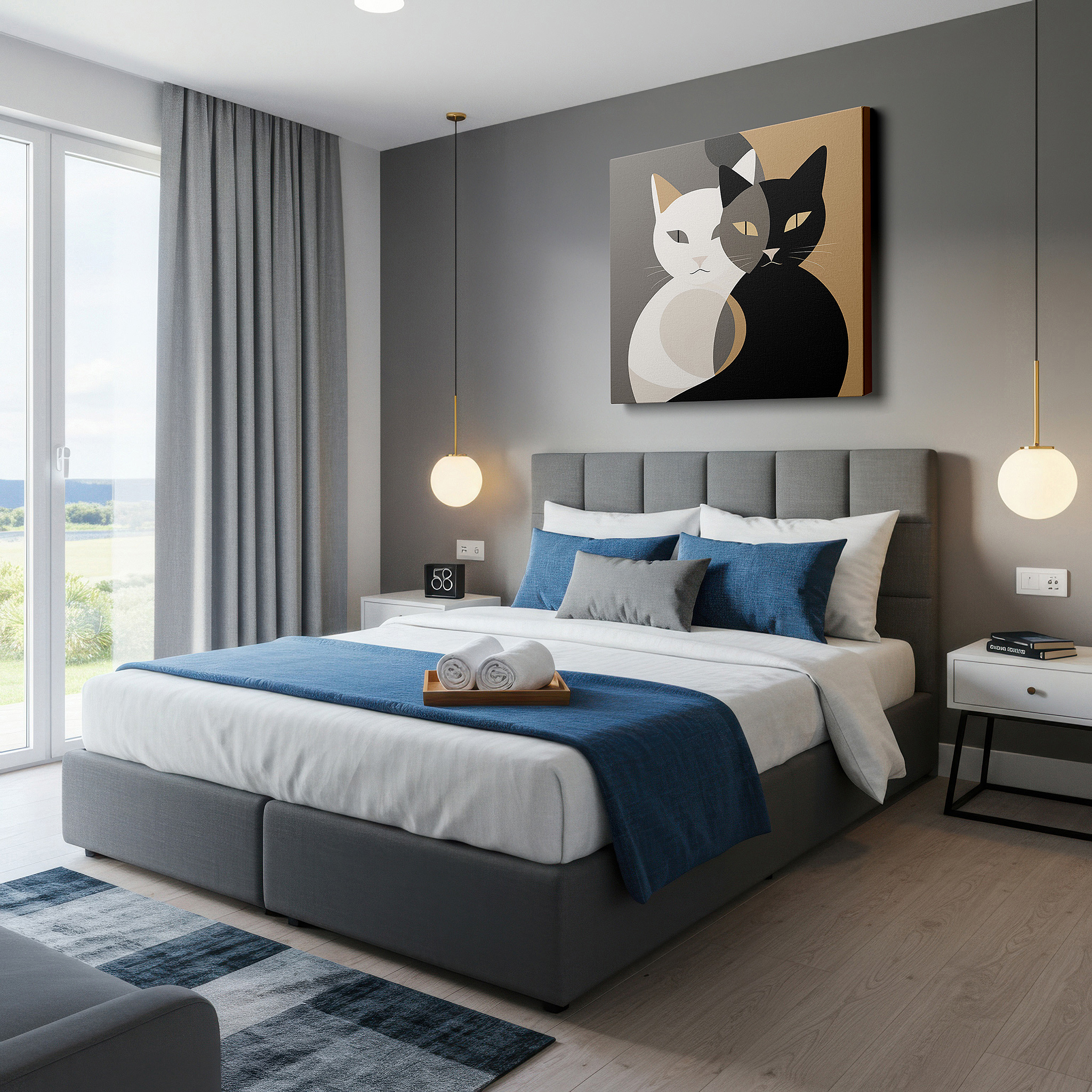 Set in a minimalist interior with textured walls and soft rugs — minimalist entwined cats wall art, symbolizing unity and duality, perfect for office or bedroom decor