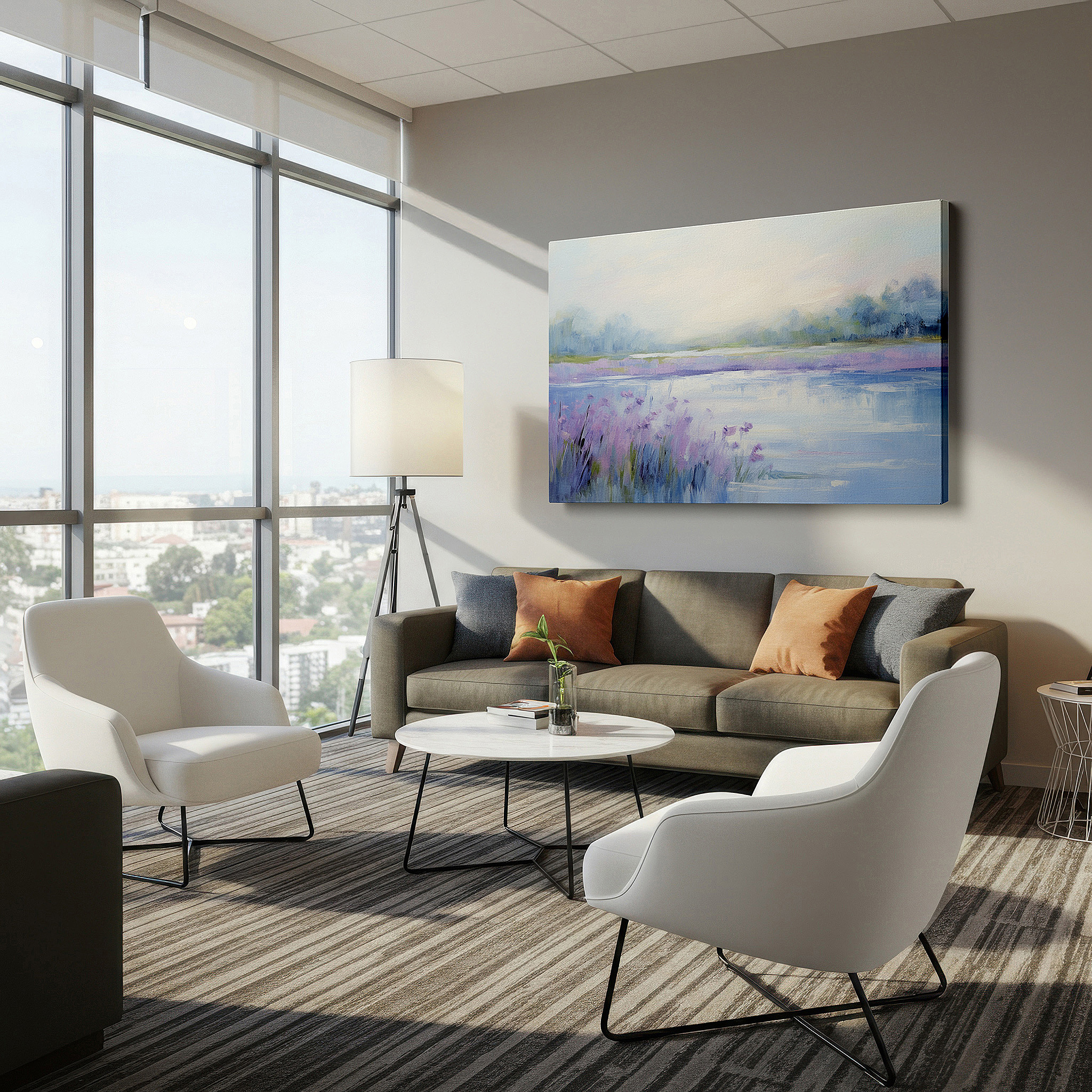 Set in a minimalist interior with textured walls and soft rugs — misty lake at tranquil dawn with lavender blooms - large canvas wall art for office, bedroom, and living room decor