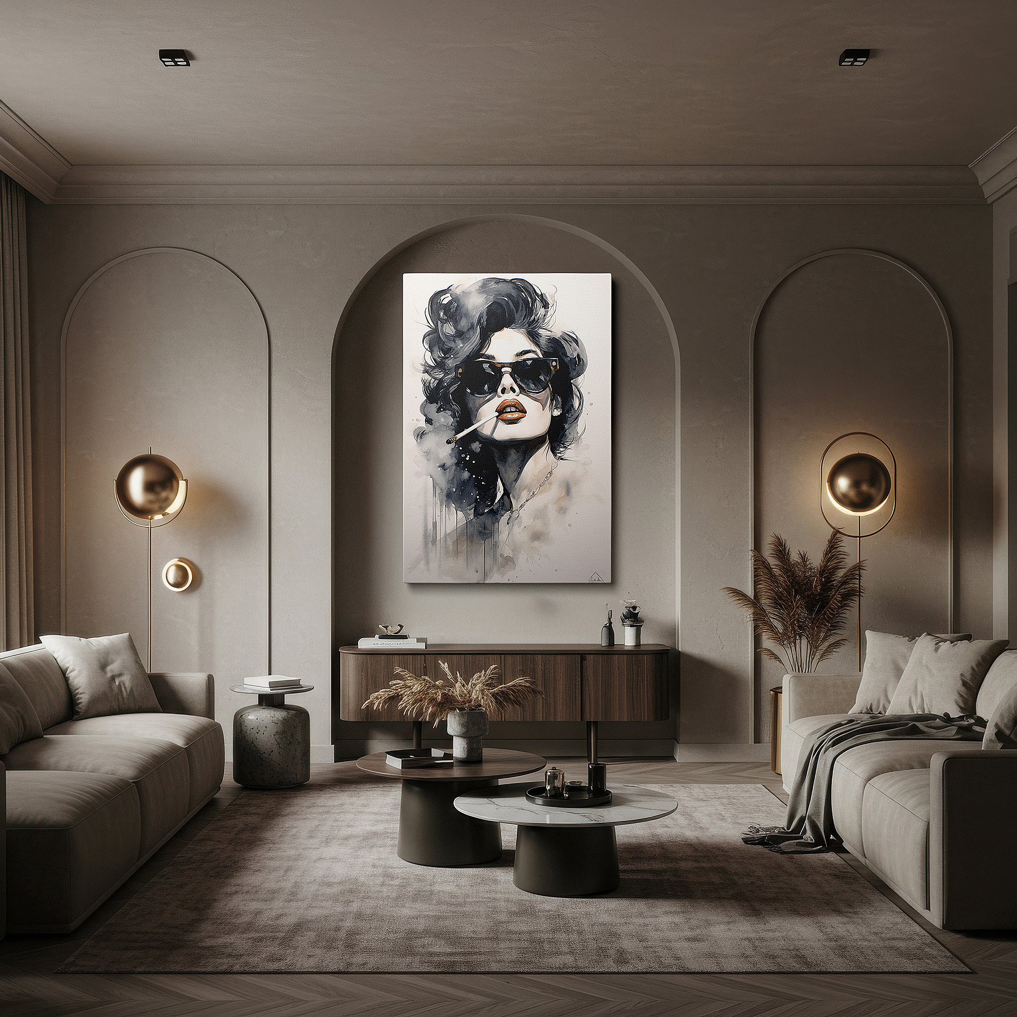 Set in a minimalist interior with textured walls and soft rugs — modern feminine fashion wall art: timelessly elegant with a hint of mystery - perfect for office, bedroom, and home decor