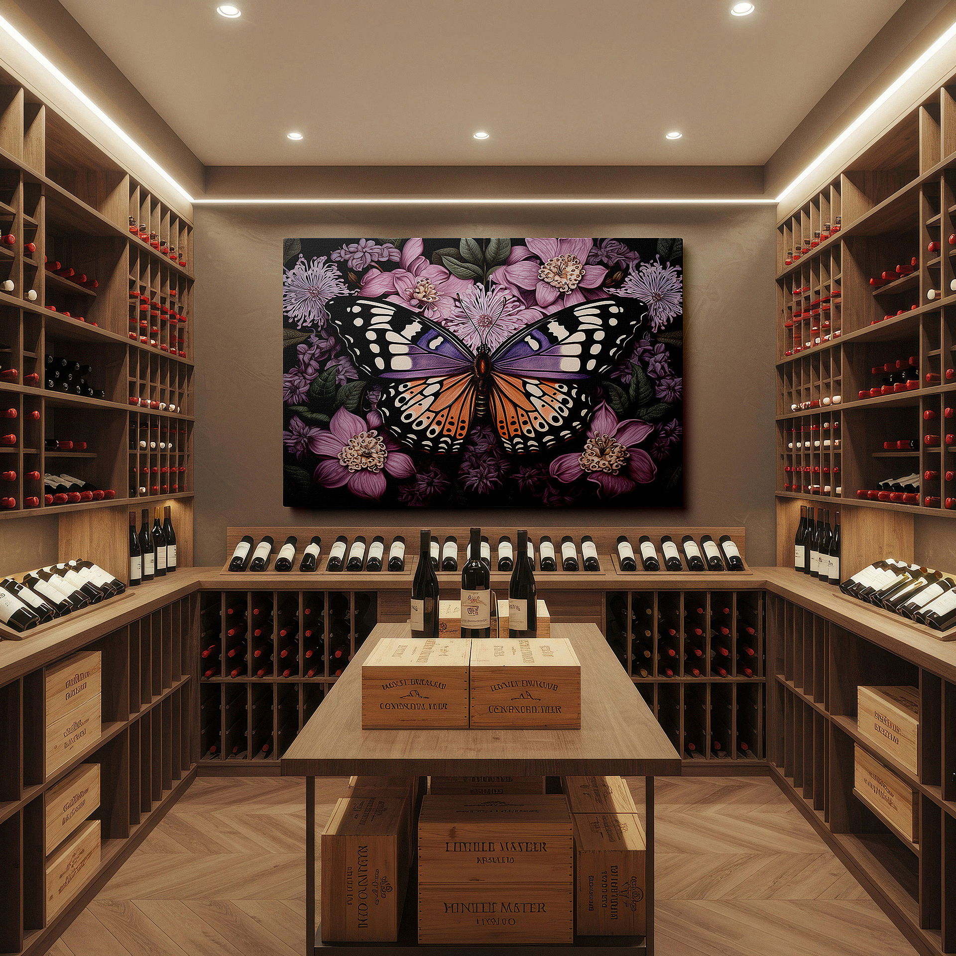 Set in a minimalist interior with textured walls and soft rugs — monarch butterfly resting on colorful flowers, tranquil nature landscape, large canvas wall art for home and office decor