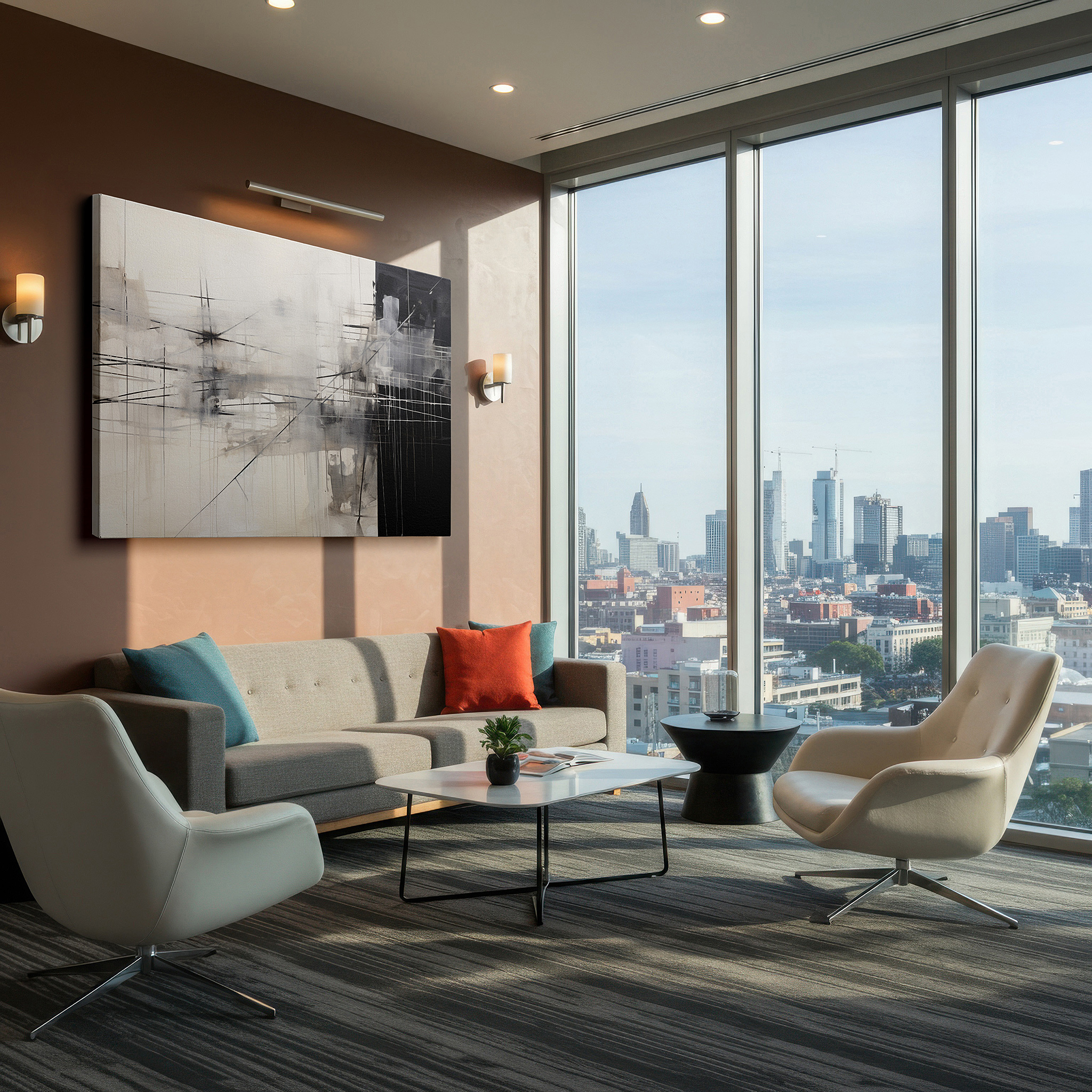 Set in a minimalist interior with textured walls and soft rugs — monochromatic landscape with ethereal fog and sharp geometric lines, large canvas wall art for office and bedroom decor