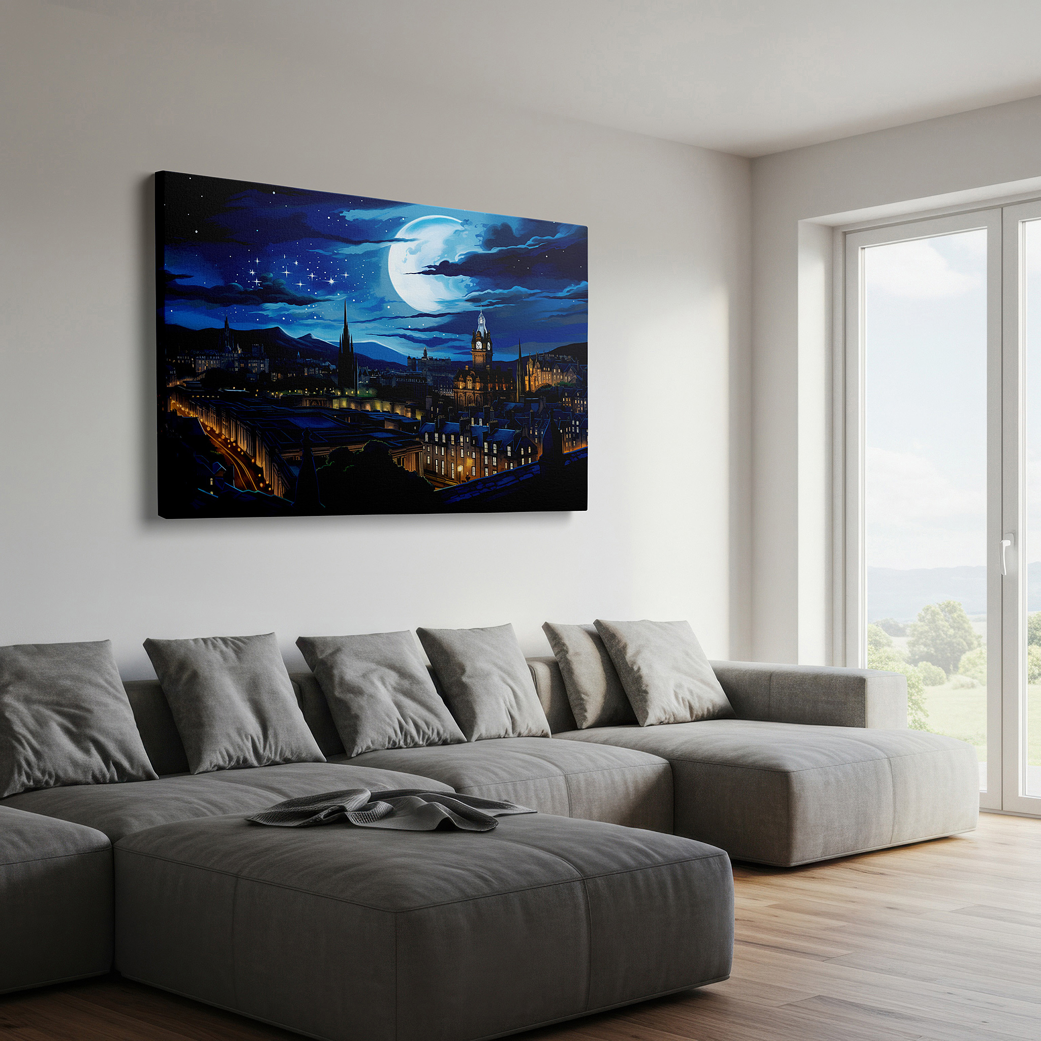 Set in a minimalist interior with textured walls and soft rugs — moonlit majesty above edinburgh's historic skyline: a nighttime tapestry of gothic spires and neoclassical grandeur - large canvas wall art