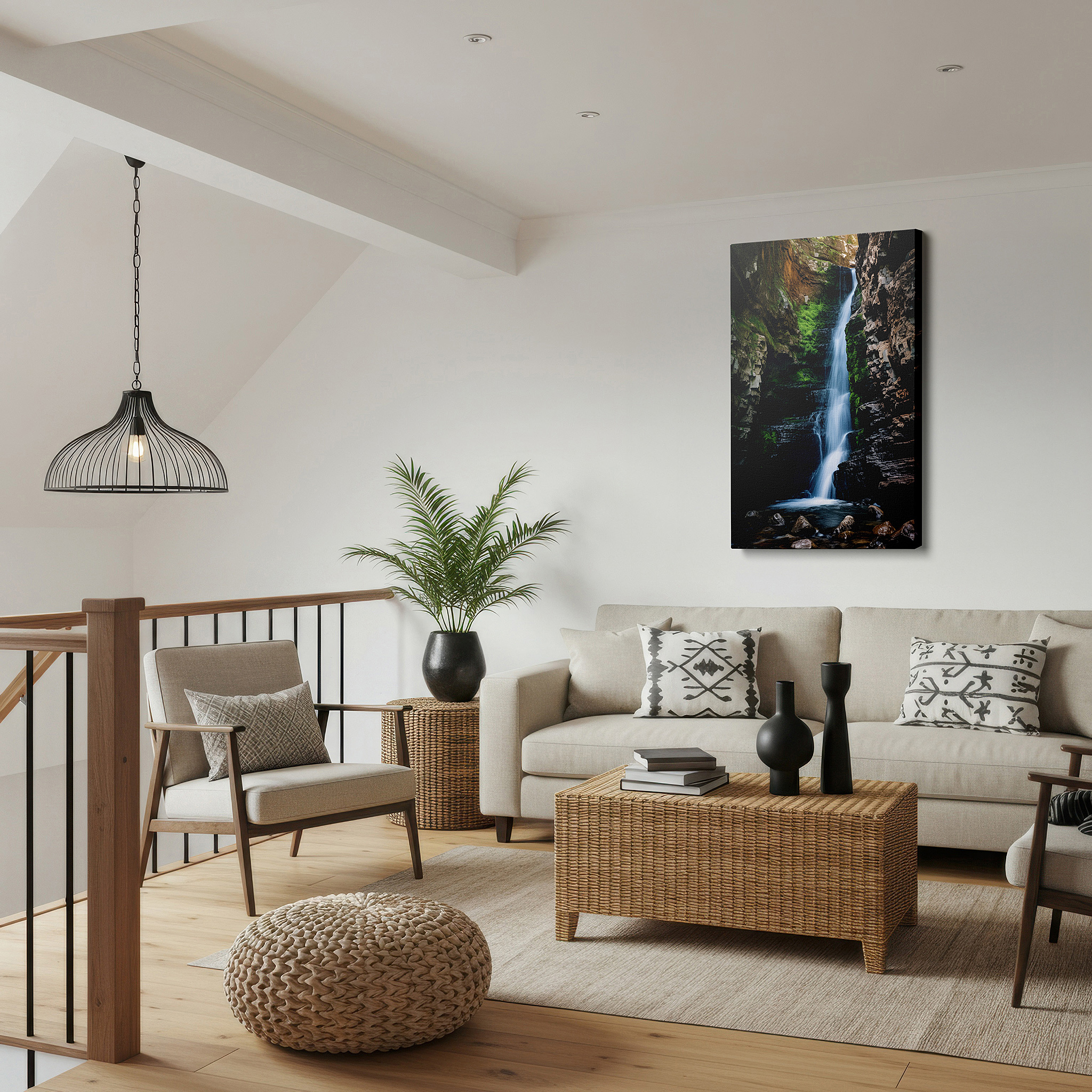 Set in a minimalist interior with textured walls and soft rugs — moss-covered rocks and cascading waterfall: a display of nature's strength and calmness - large canvas wall art for home and office decor