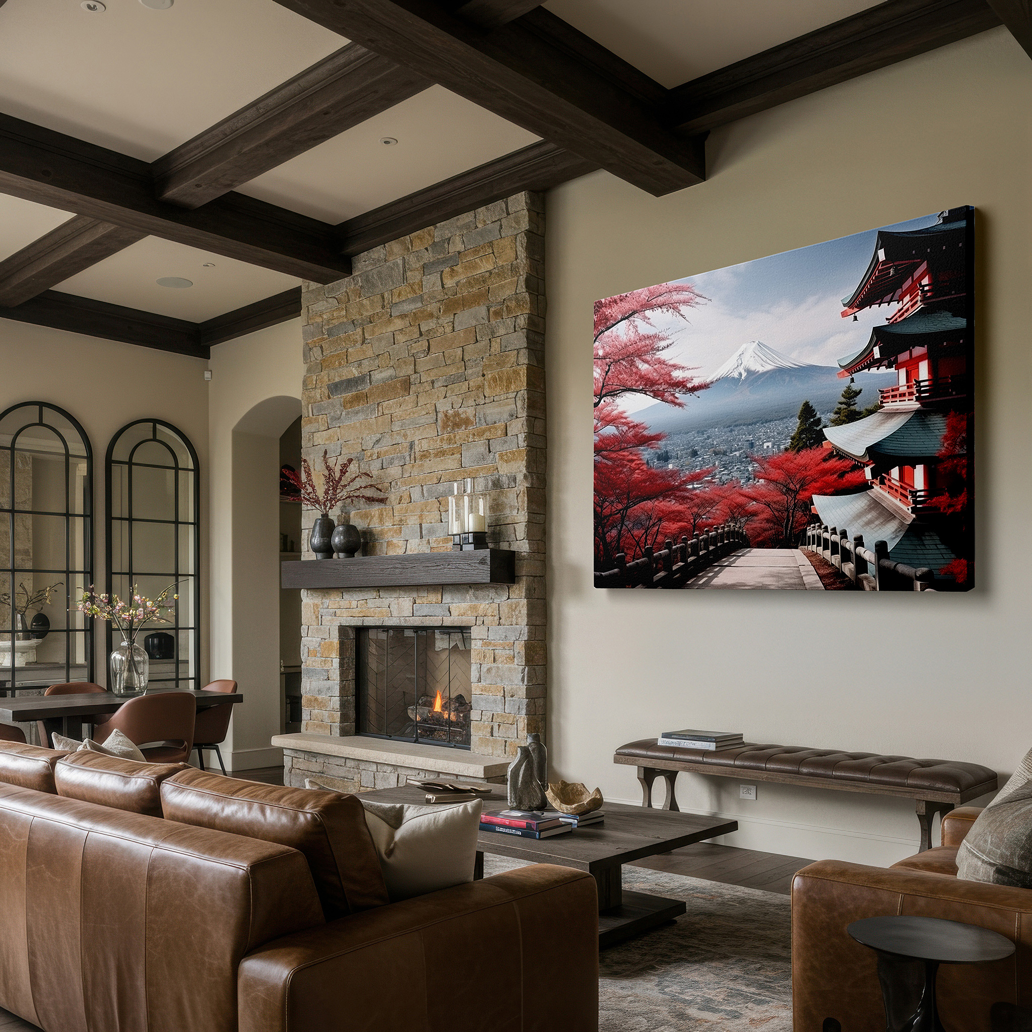 Set in a minimalist interior with textured walls and soft rugs — mount fuji and cherry blossoms featuring a japanese pagoda: a serene fusion of nature and culture - large canvas wall art for office decor