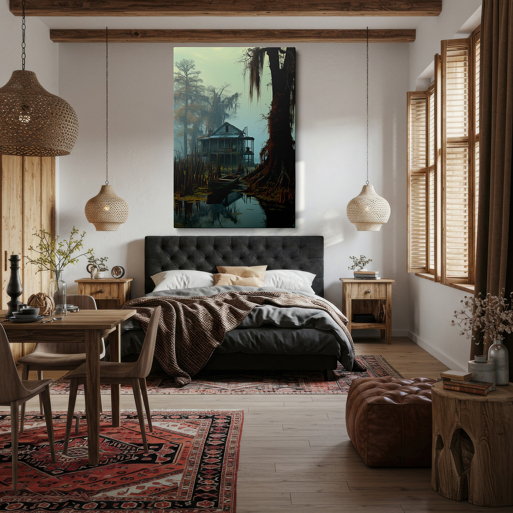 Set in a minimalist interior with textured walls and soft rugs — mystical dawn in the swamp: ethereal fog and ancient cypress trees - large wall art, canvas wall art, wall decor for office and bedroom