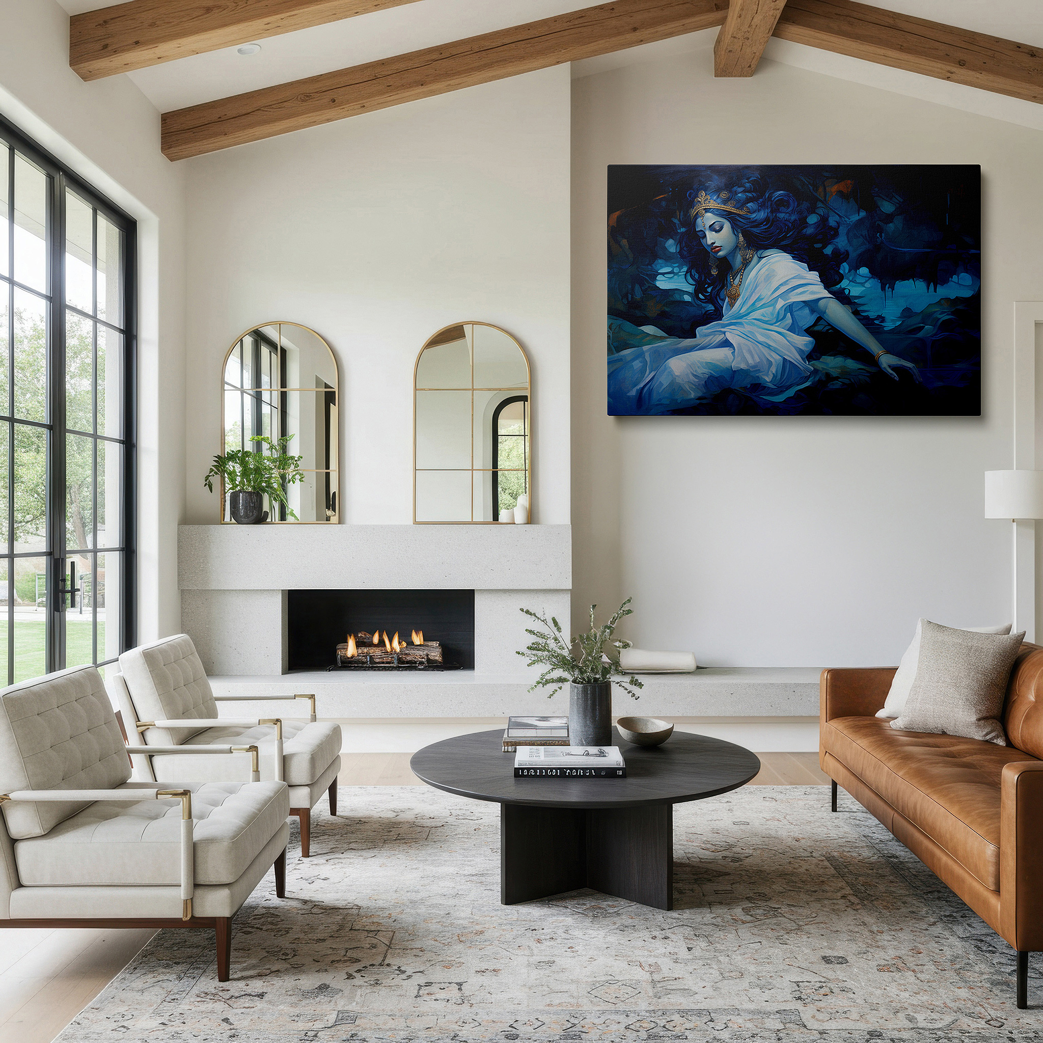 Set in a minimalist interior with textured walls and soft rugs — mystical elegance in blue hues: enigmatic figure draped in flowing robes, large wall art, canvas wall art, wall decor, office wall art