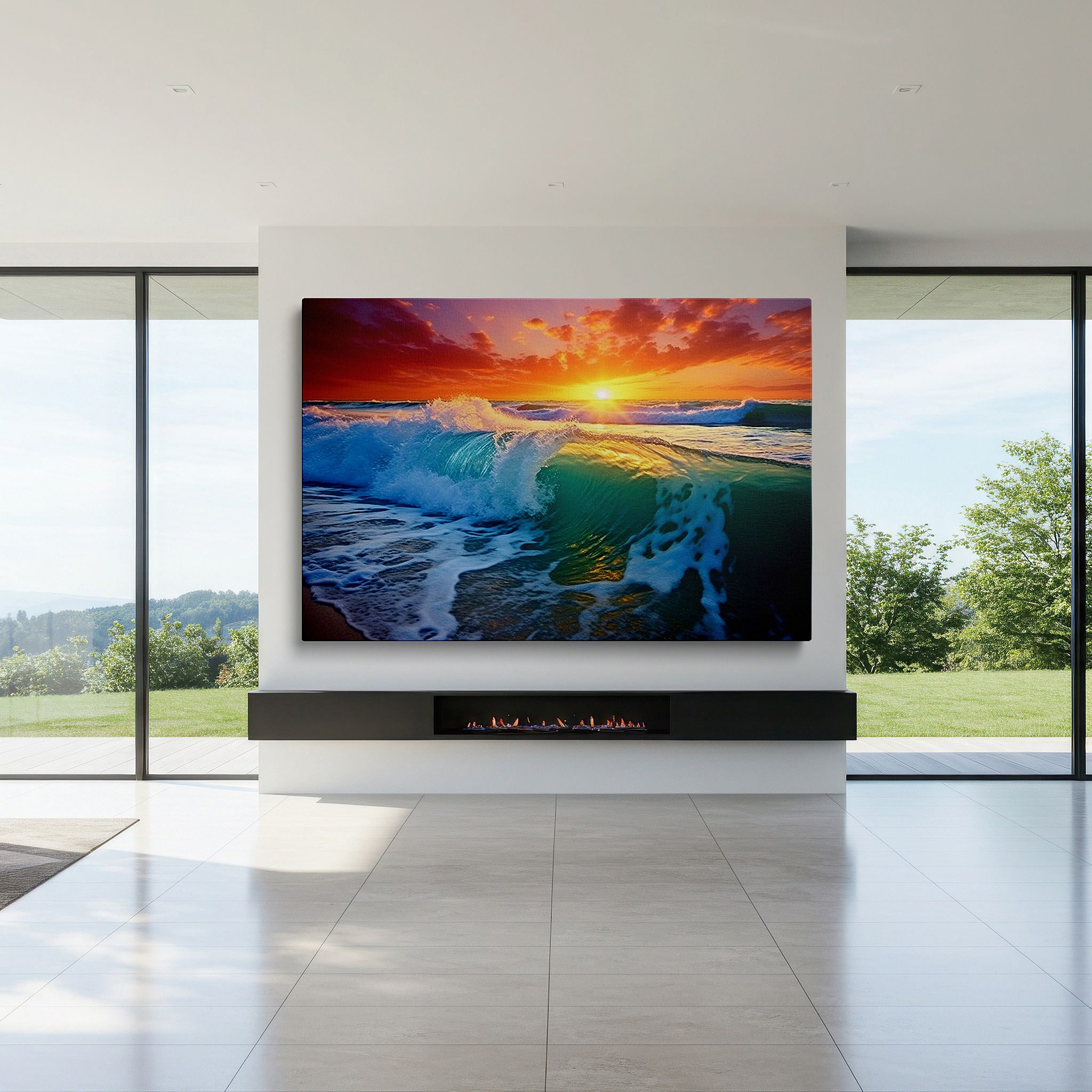 Set in a minimalist interior with textured walls and soft rugs — ocean's majesty: waves dancing in sunset light - large canvas wall art for office, bedroom, and living room decor