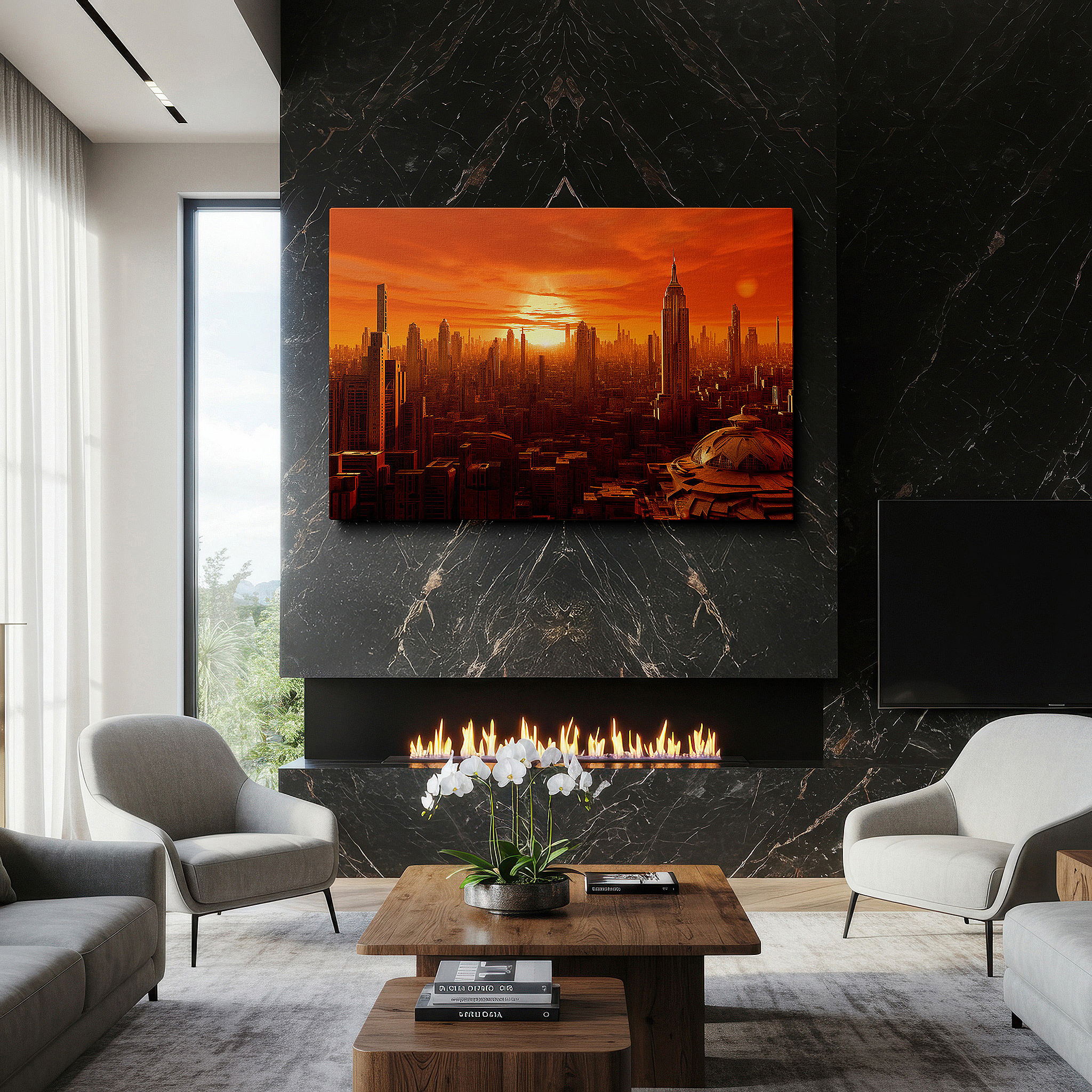 Set in a minimalist interior with textured walls and soft rugs — orange sunset over futuristic cityscape: modern urban dreams large wall art, canvas wall art, wall decor for office and bedroom