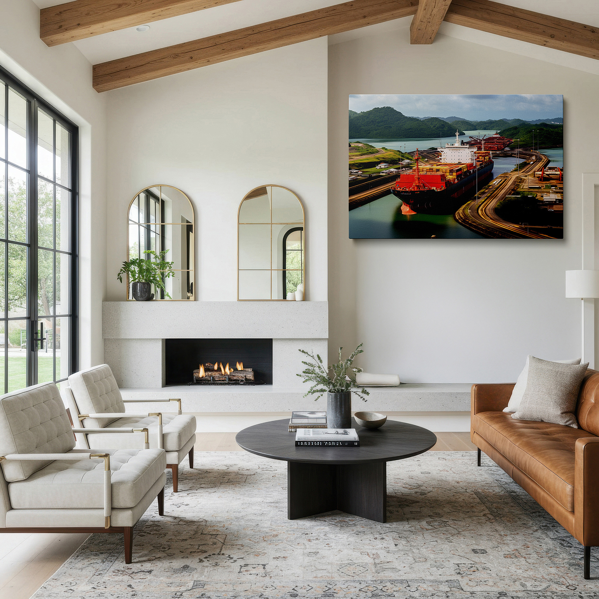 Set in a minimalist interior with textured walls and soft rugs — panama canal large wall art: a perfect fusion of engineering and nature, ideal for office, bedroom, and living room decor