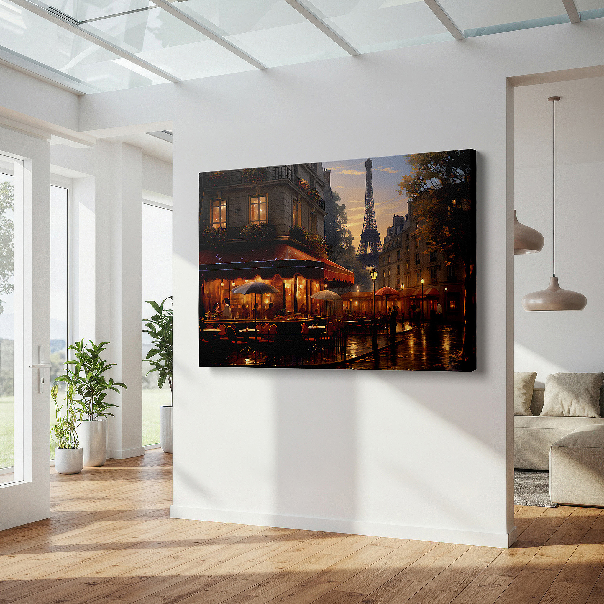 Set in a minimalist interior with textured walls and soft rugs — parisian café at dusk wall art featuring the eiffel tower - vibrant city life and romantic landmarks canvas print for home and office decor