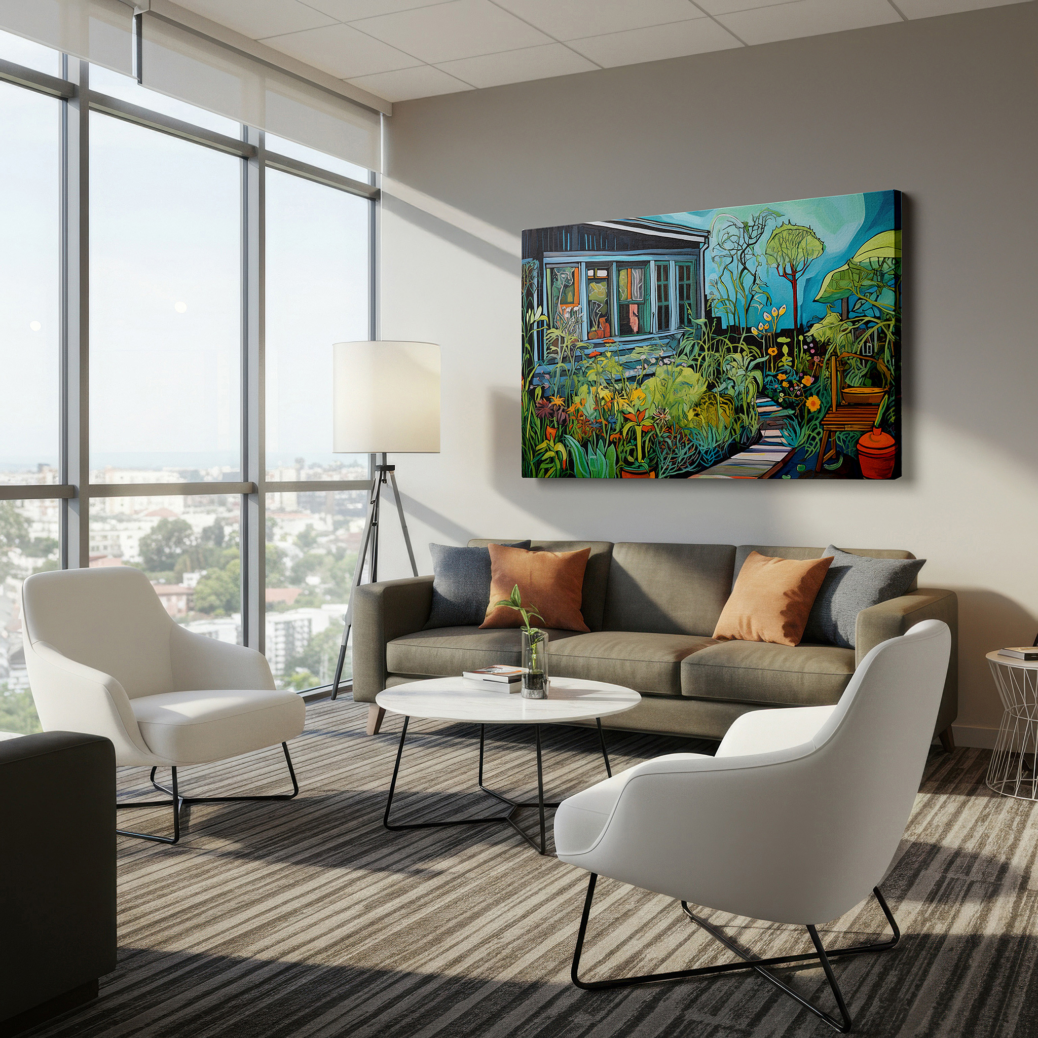 Set in a minimalist interior with textured walls and soft rugs — peaceful blue house surrounded by lively garden flowers exudes calm and security large wall art, canvas wall art, wall decor, office wall art