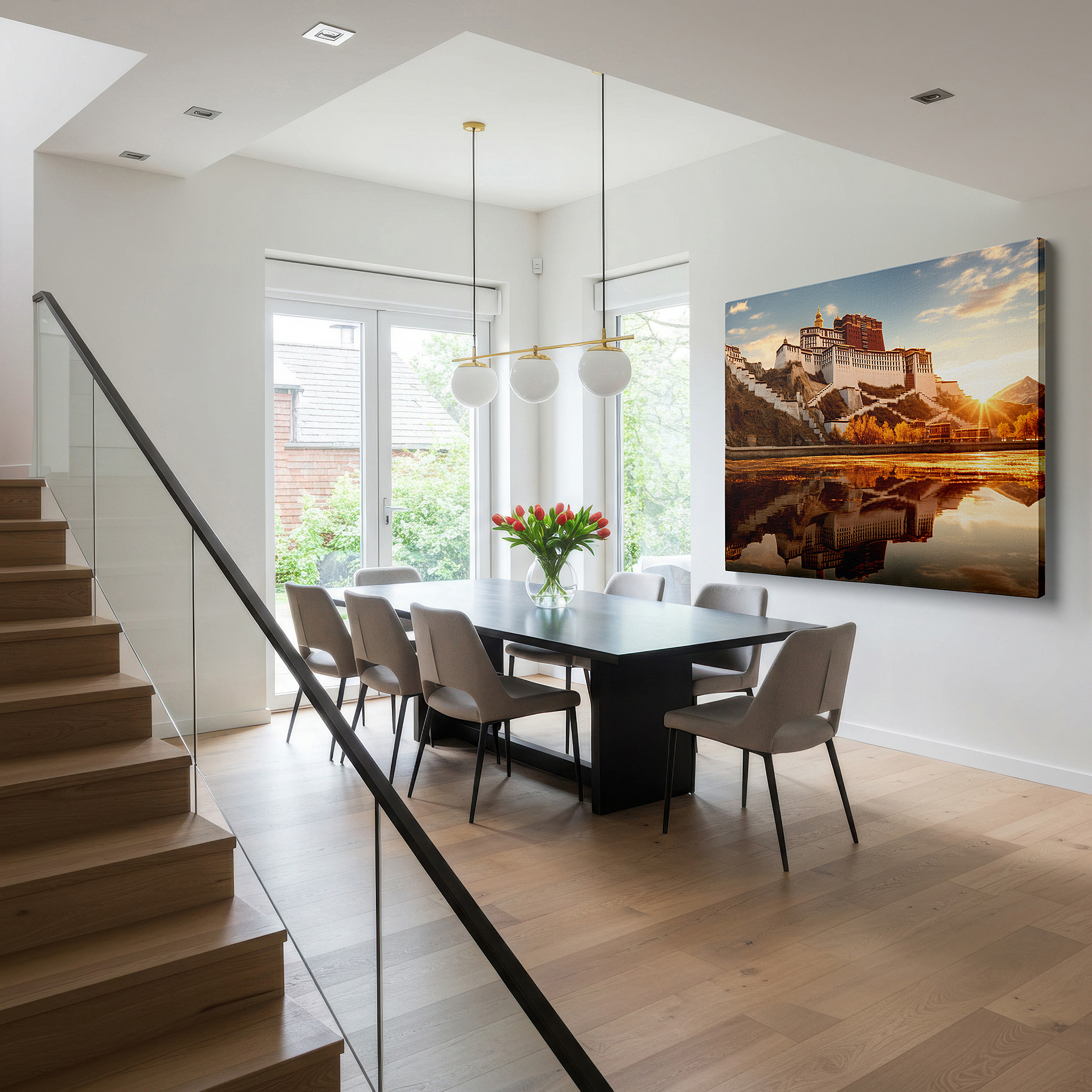 Set in a minimalist interior with textured walls and soft rugs — potala palace sunrise - spiritual awakening in tibet's sacred landscape: large wall art, canvas, decor for office and bedroom