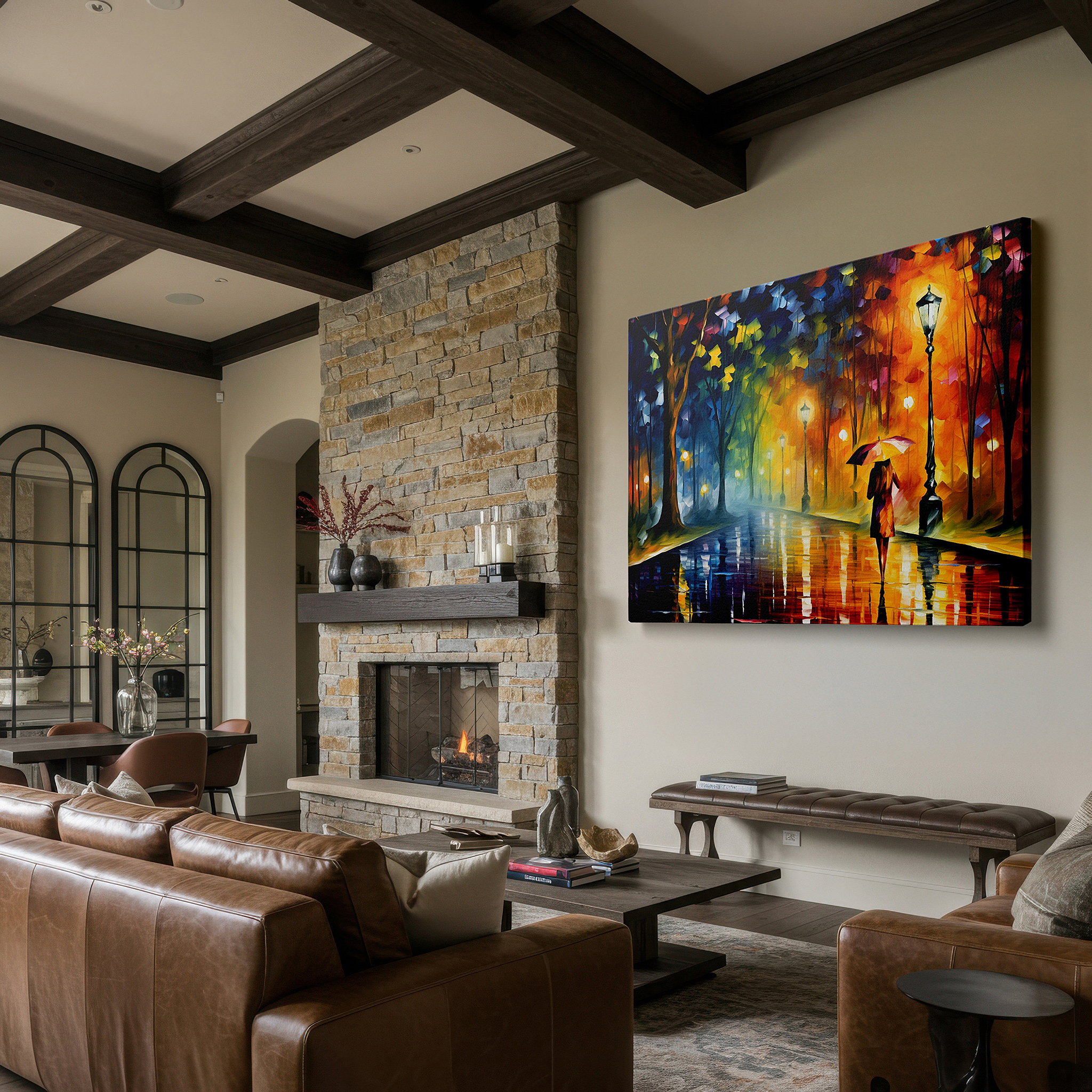 Set in a minimalist interior with textured walls and soft rugs — rain-swept streets with ethereal lights - serene urban evening large wall art, canvas wall art, wall decor for office, bedroom, and living room