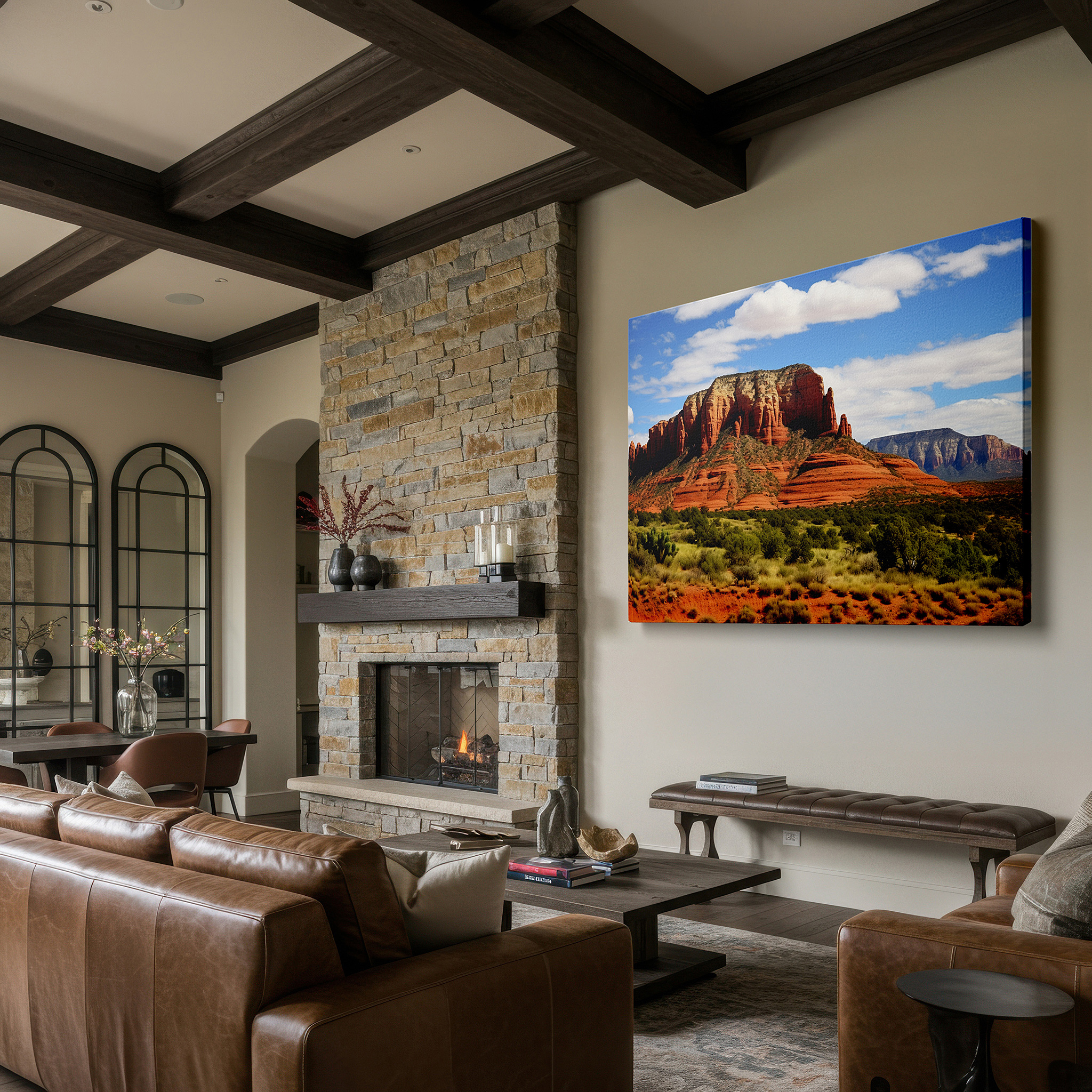 Set in a minimalist interior with textured walls and soft rugs — red rocks rising majestically against a bright blue sky: a celebration of nature's beauty - large canvas wall art for home and office decor