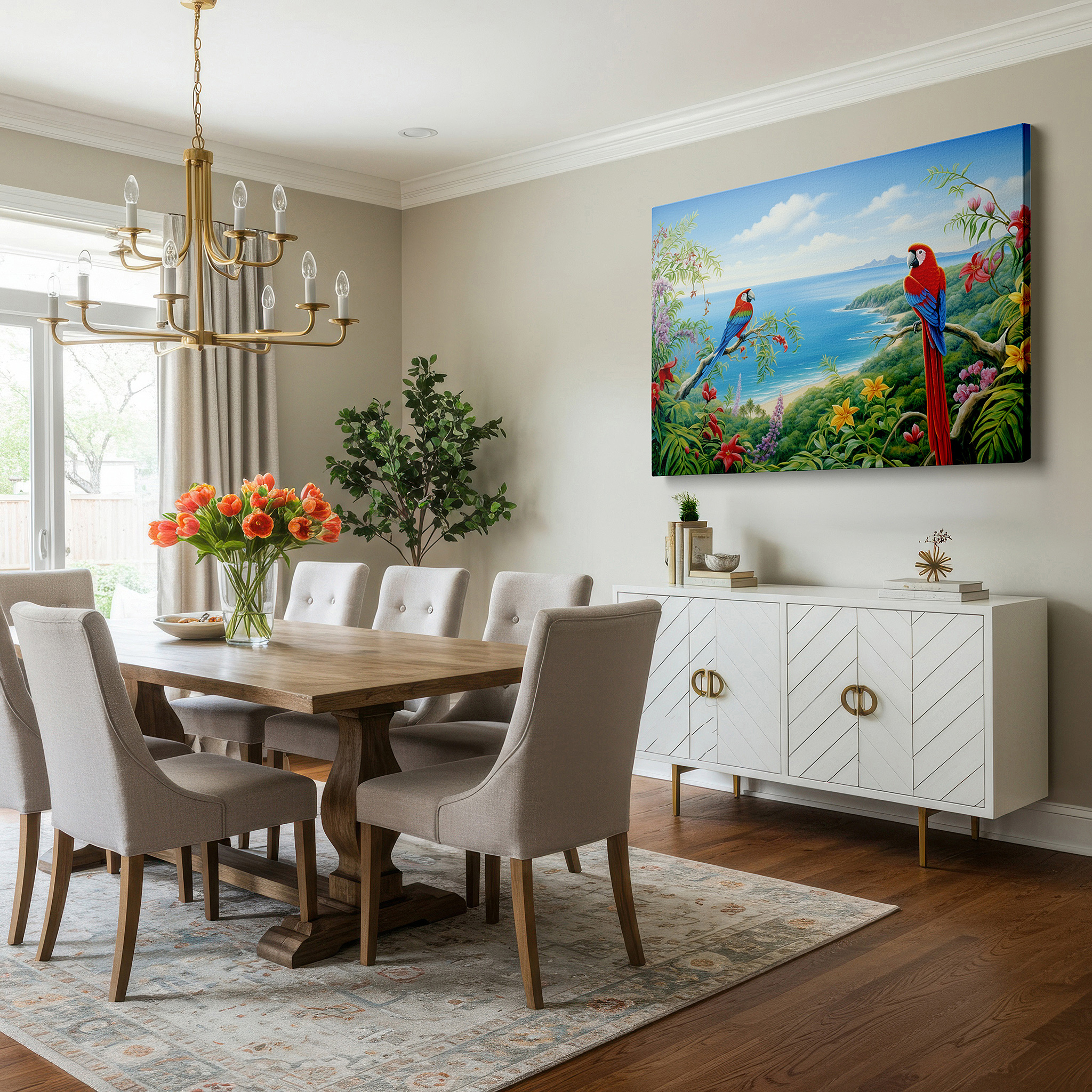 Set in a minimalist interior with textured walls and soft rugs — scarlet macaws in tropical paradise: large canvas wall art featuring lush foliage and serene ocean backdrop for office decor