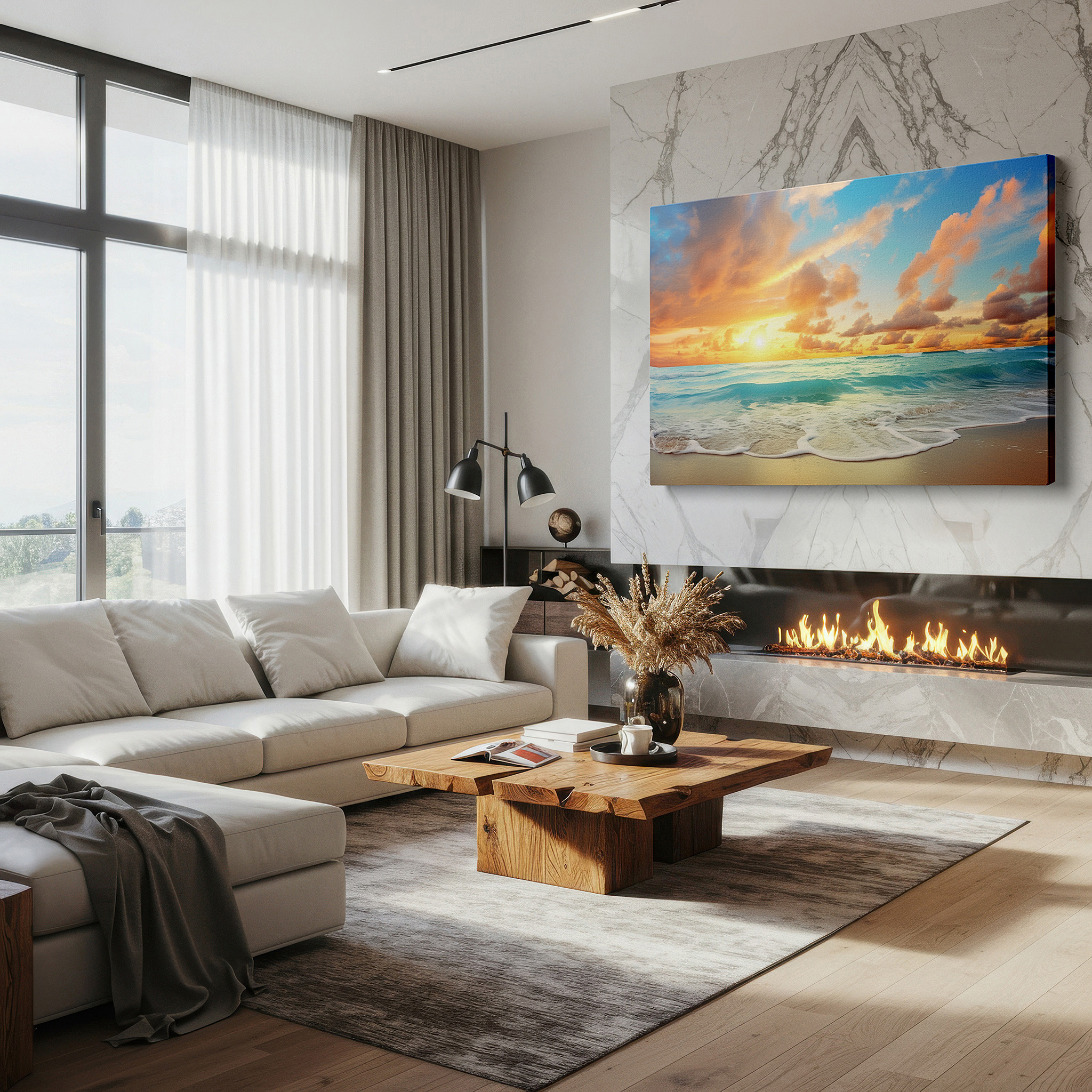 Set in a minimalist interior with textured walls and soft rugs — serene beach sunrise: tranquil morning beauty with golden light on ocean waves - large canvas wall art for home and office decor