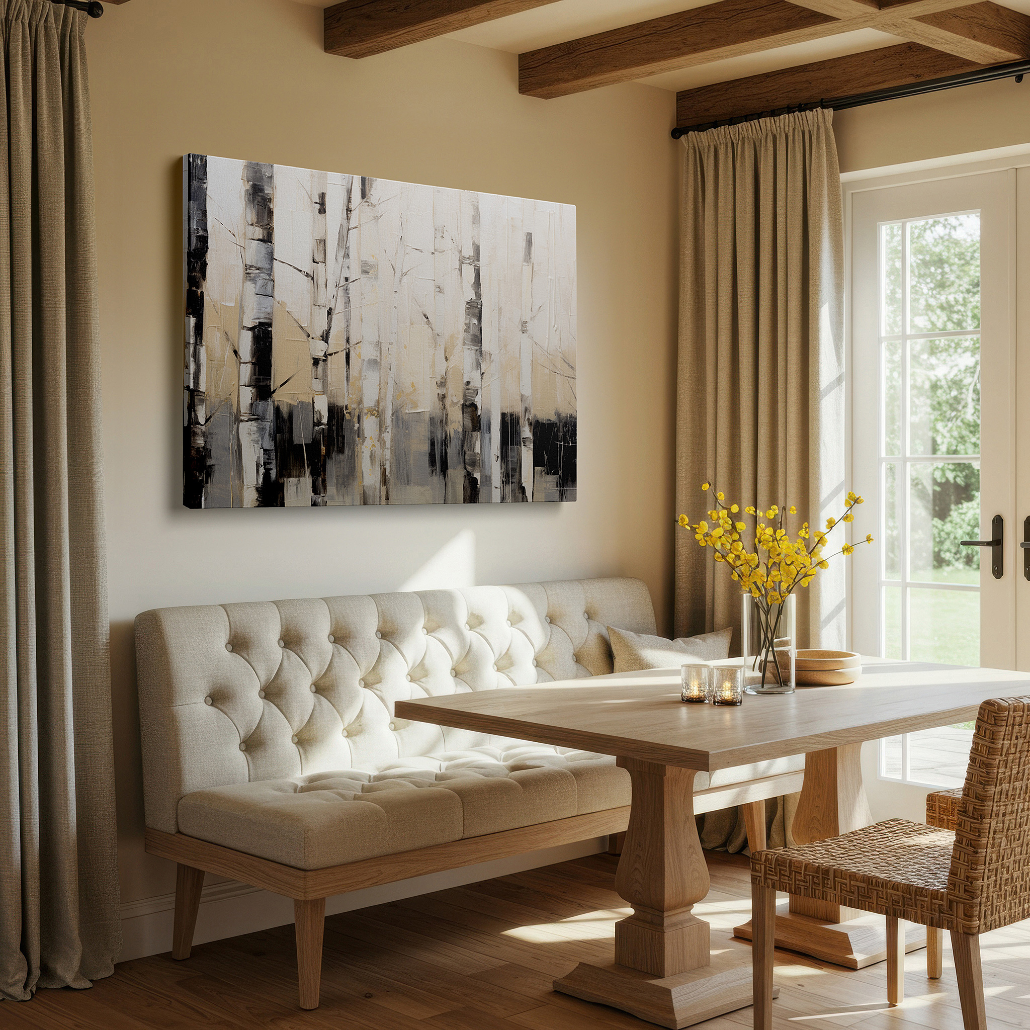 Set in a minimalist interior with textured walls and soft rugs — serene birch trees in muted beige and black: a textured abstract nature piece for large wall art, canvas wall art, wall decor for office and bedroom