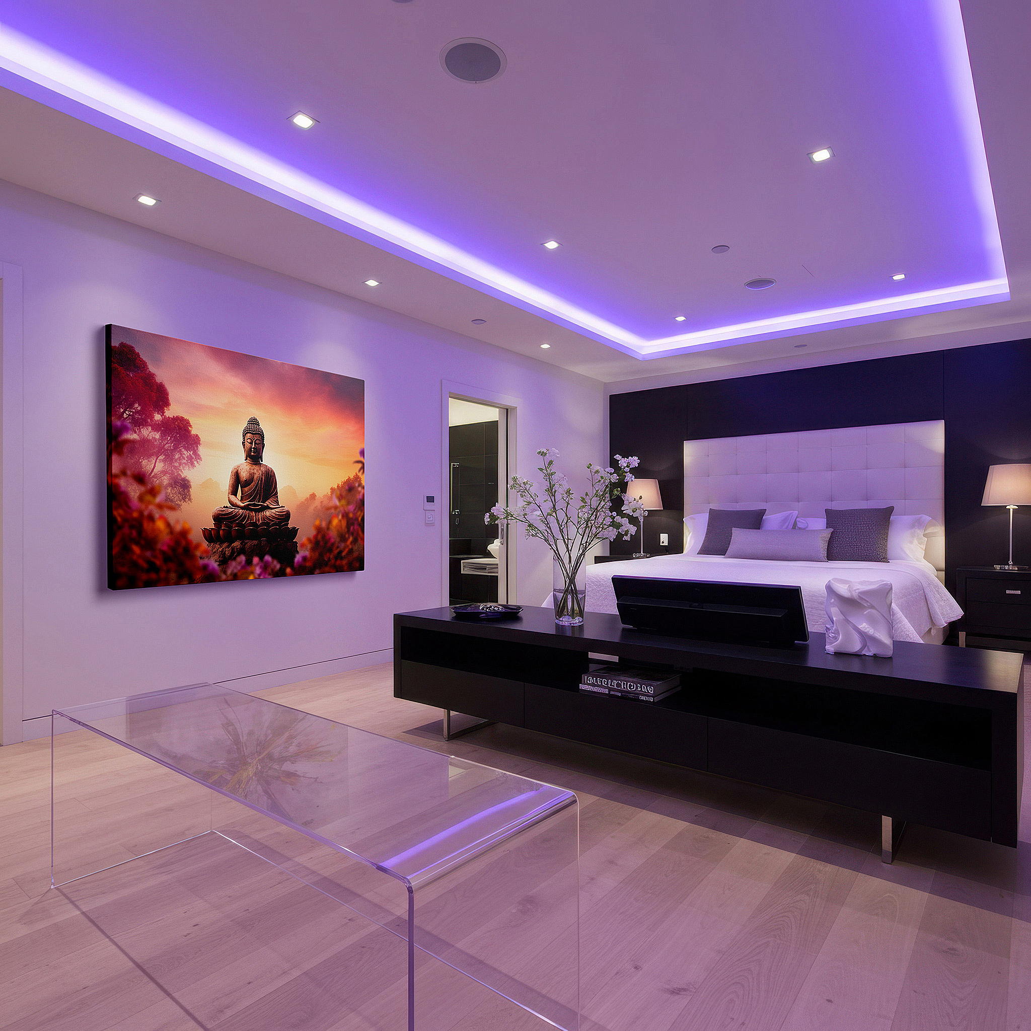 Set in a minimalist interior with textured walls and soft rugs — serene buddha amidst sunlit blossoms: a tranquil fusion of light and spirit - large canvas wall art for office and bedroom decor