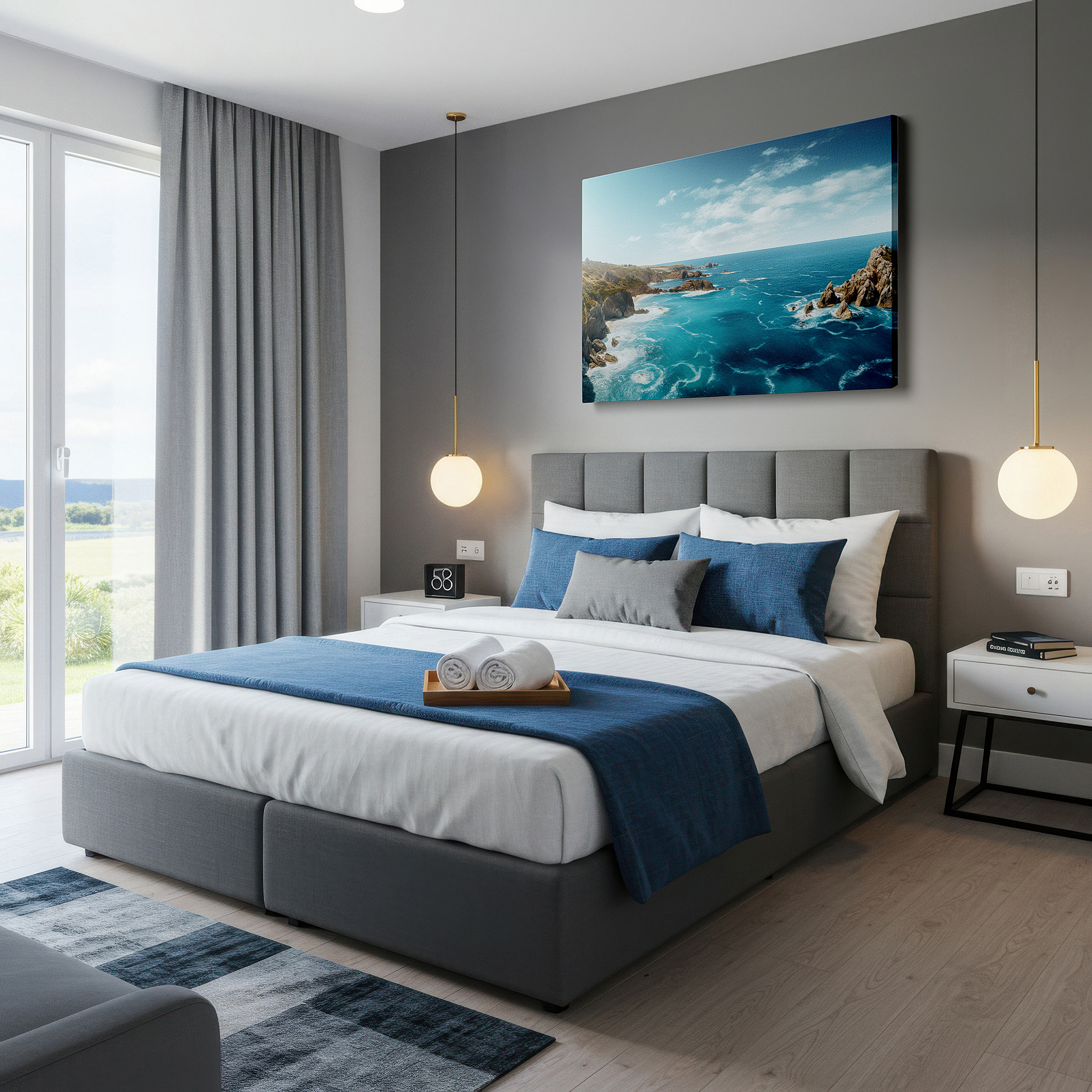 Set in a minimalist interior with textured walls and soft rugs — serene coastal scene with lush cliffs and grand rock formations large wall art, canvas wall art, wall decor for office and bedroom