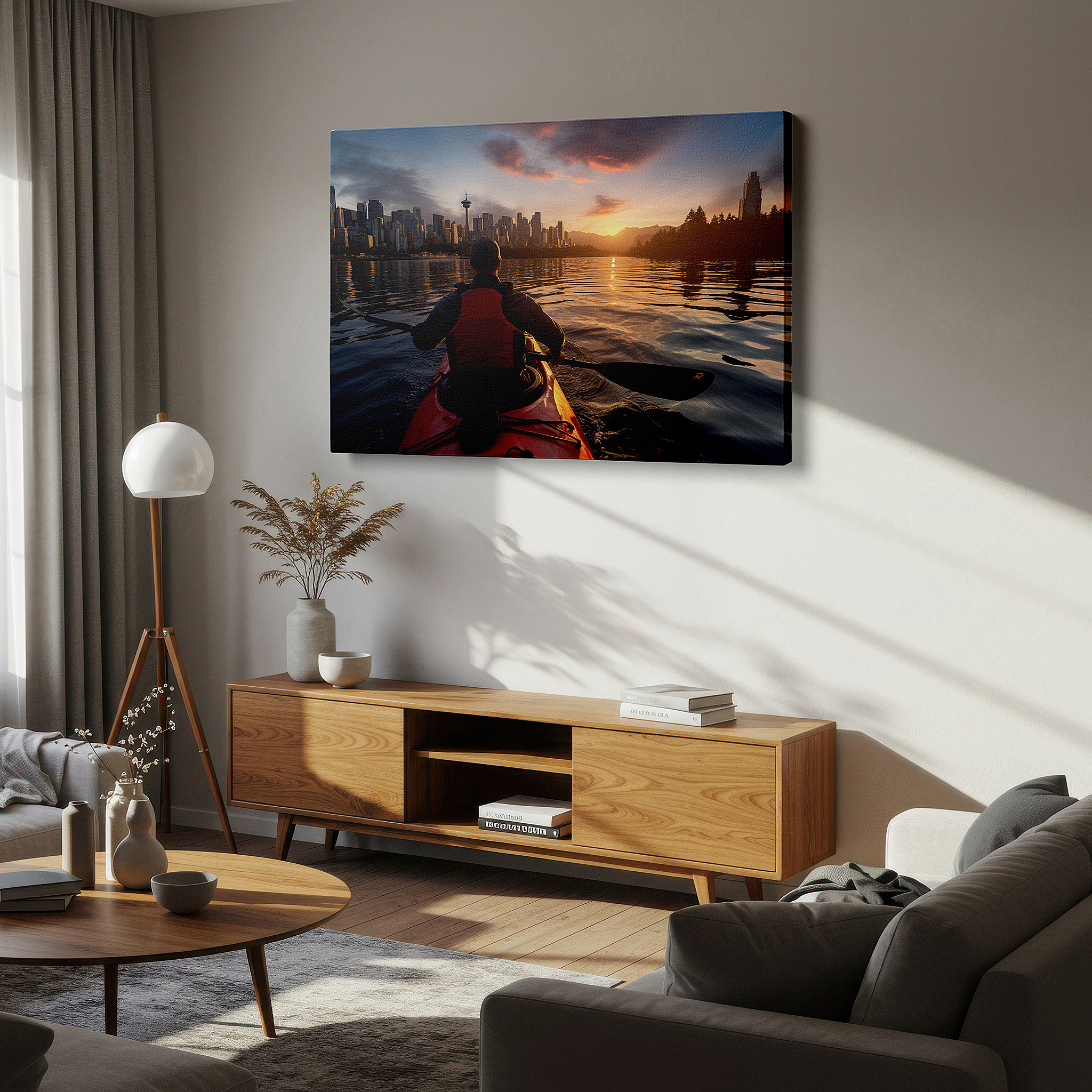 Set in a minimalist interior with textured walls and soft rugs — serene kayaker at sunset amid urban splendor - large canvas wall art for office, bedroom, and living room decor