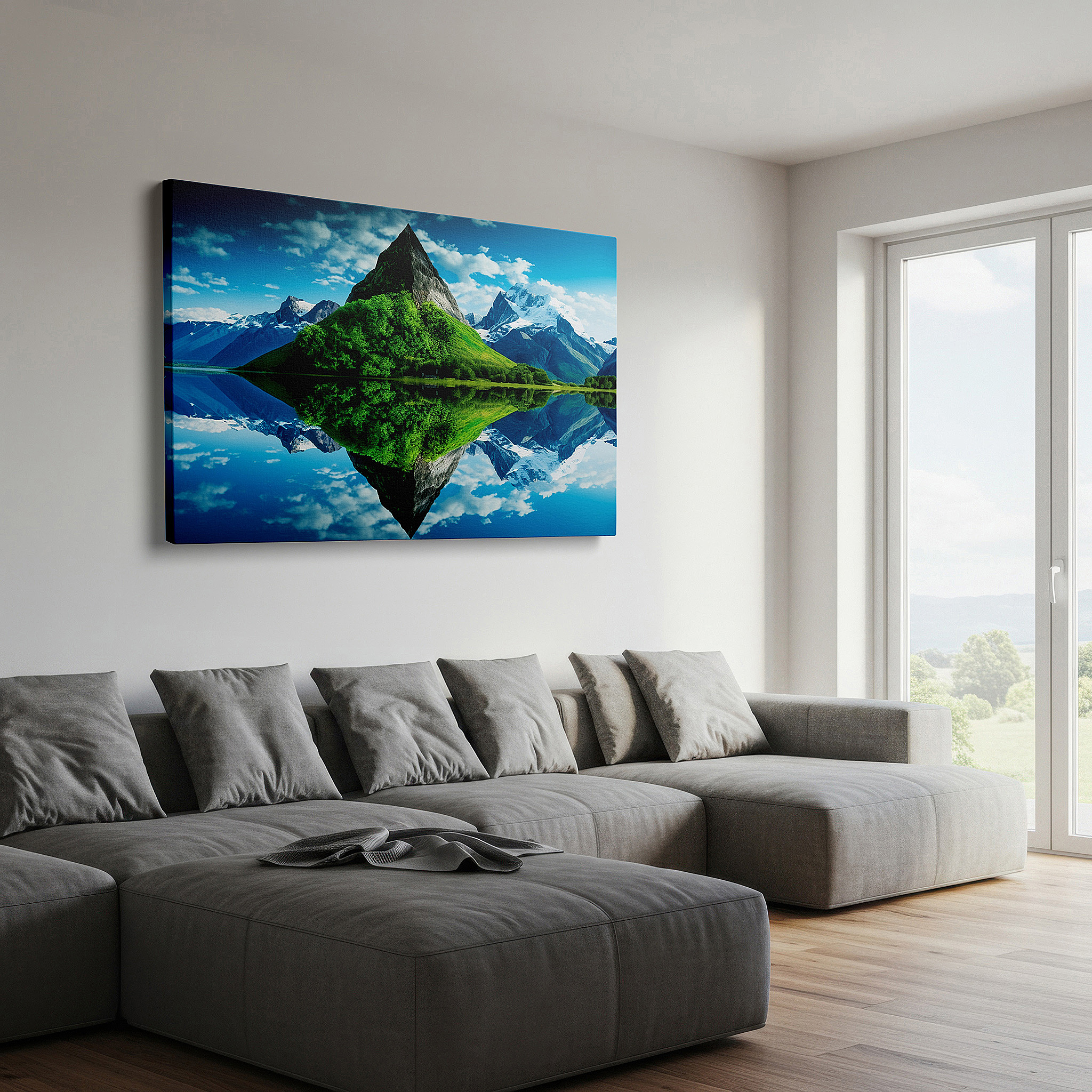 Set in a minimalist interior with textured walls and soft rugs — serene lake and mountain reflections large wall art - canvas decor for office and bedroom