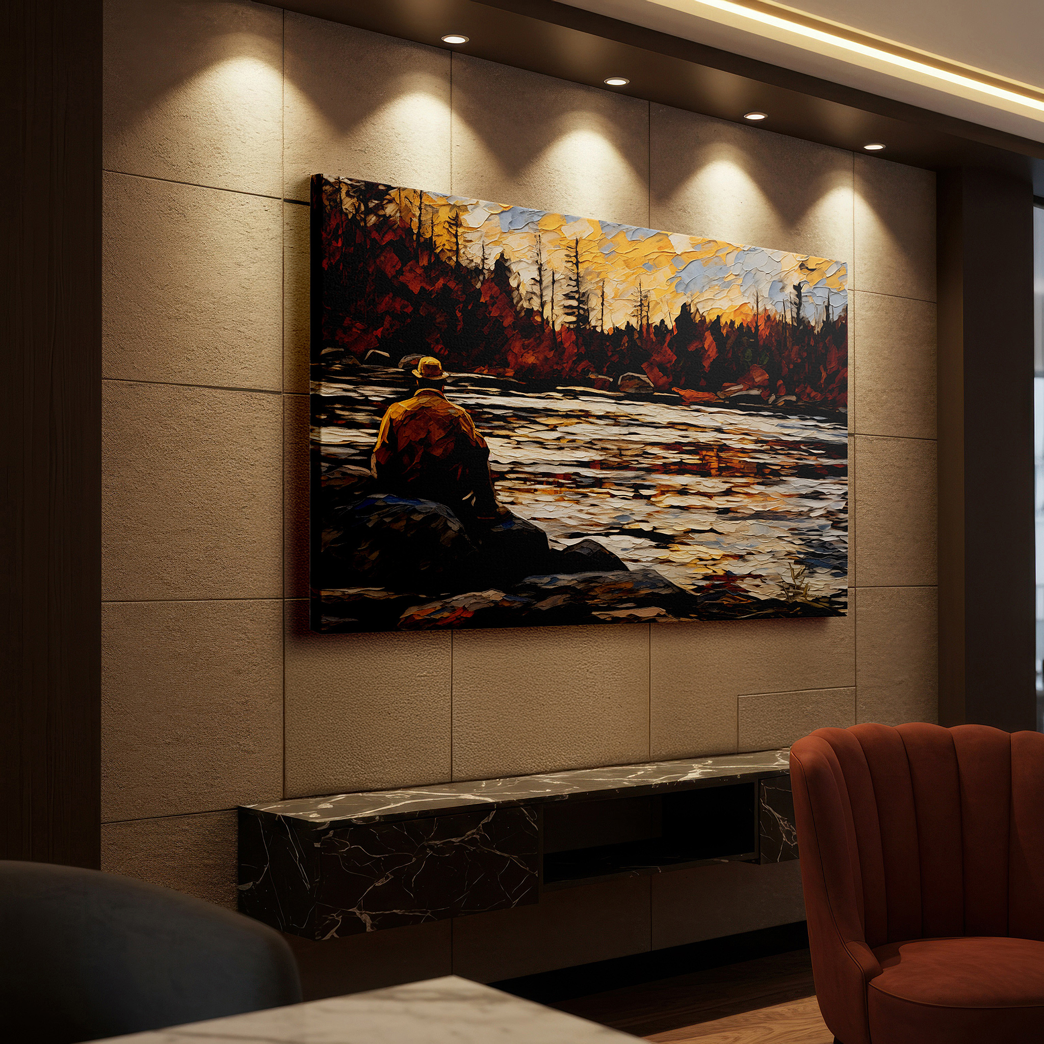 Set in a minimalist interior with textured walls and soft rugs — serene lakeside fishing at sunset: tranquil nature's palette reflected - large canvas wall art for office and bedroom decor