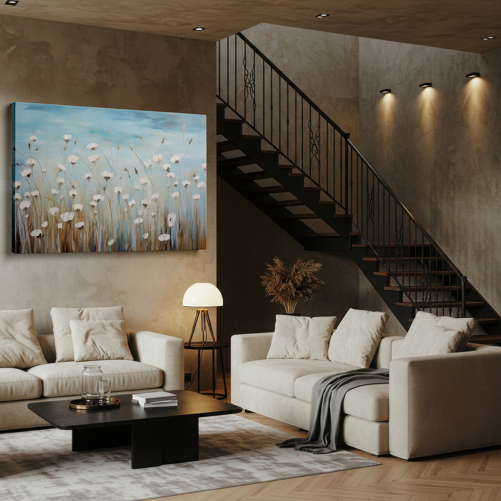 Set in a minimalist interior with textured walls and soft rugs — serene meadow of white wildflowers large canvas wall art with blue backdrop, perfect for office or bedroom decor