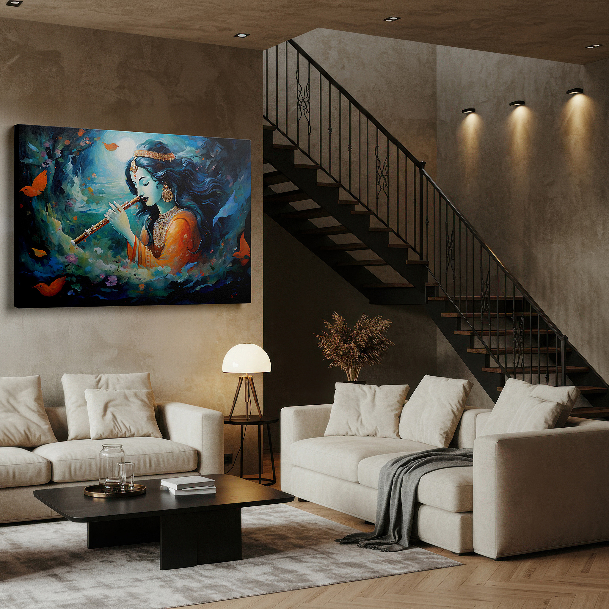 Set in a minimalist interior with textured walls and soft rugs — serene nature melodies - woman in orange playing flute with birds, large blue background canvas wall art for office decor