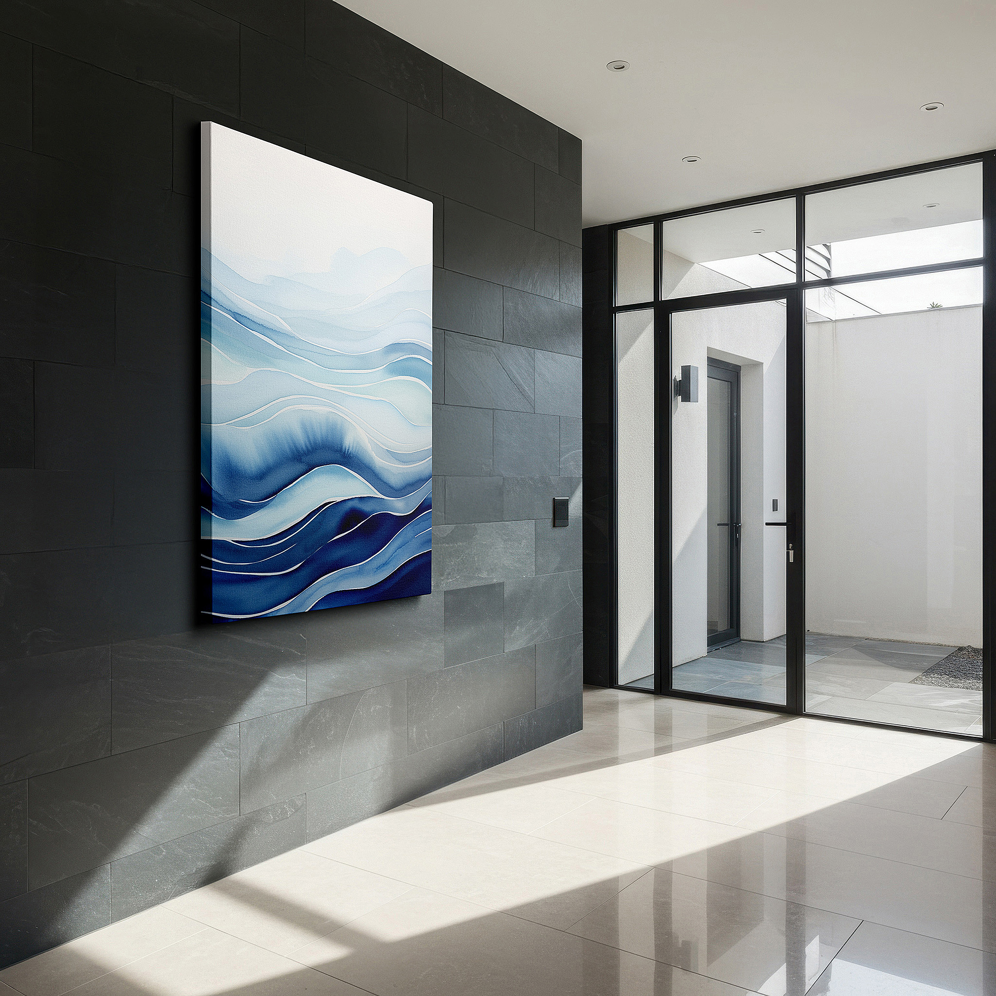 Set in a minimalist interior with textured walls and soft rugs — serene ocean waves in soft blue hues, large tranquil wall art, canvas decor for office and bedroom