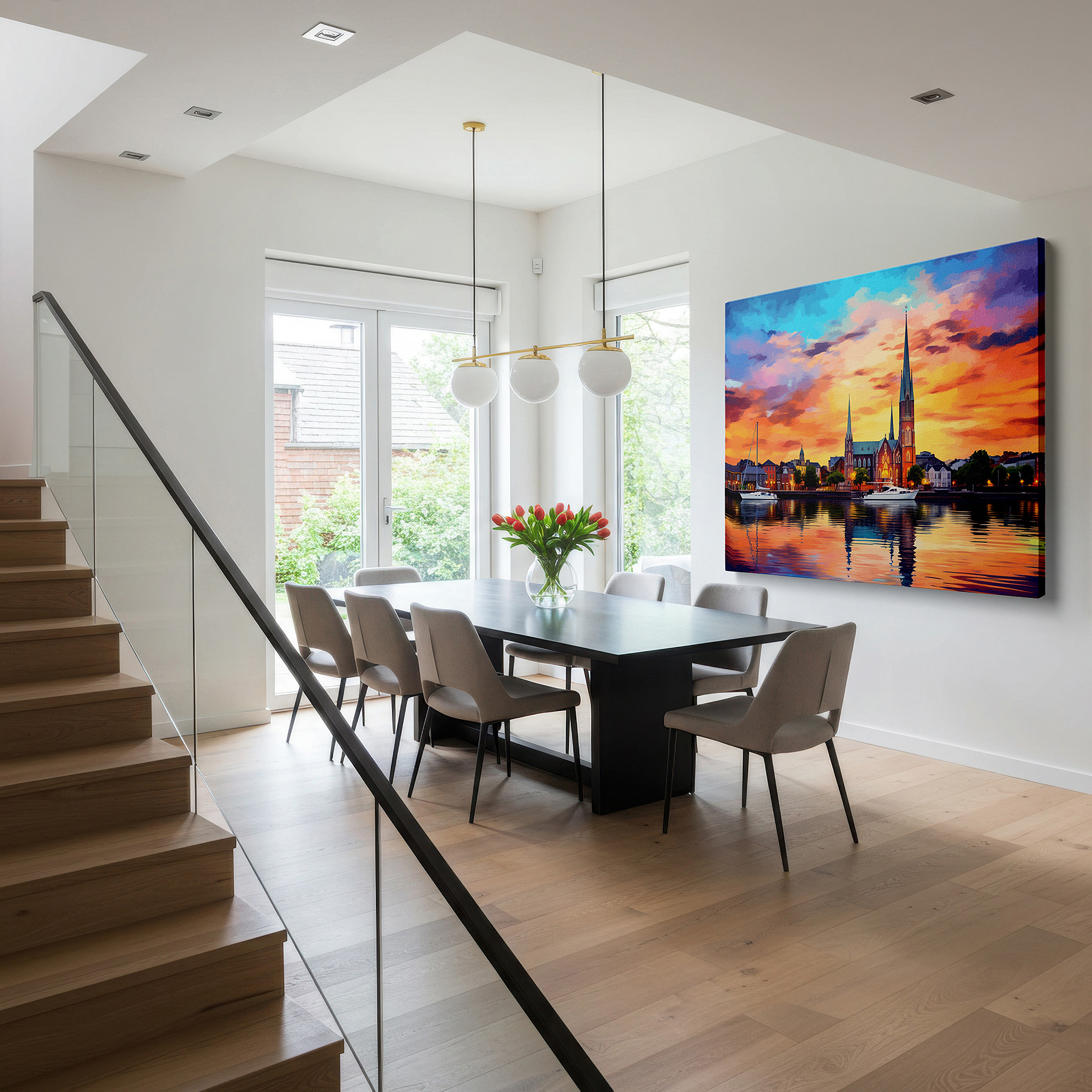Set in a minimalist interior with textured walls and soft rugs — serene sanctuary historical church canvas wall art surrounded by nature, ideal for office, bedroom, and living room decor