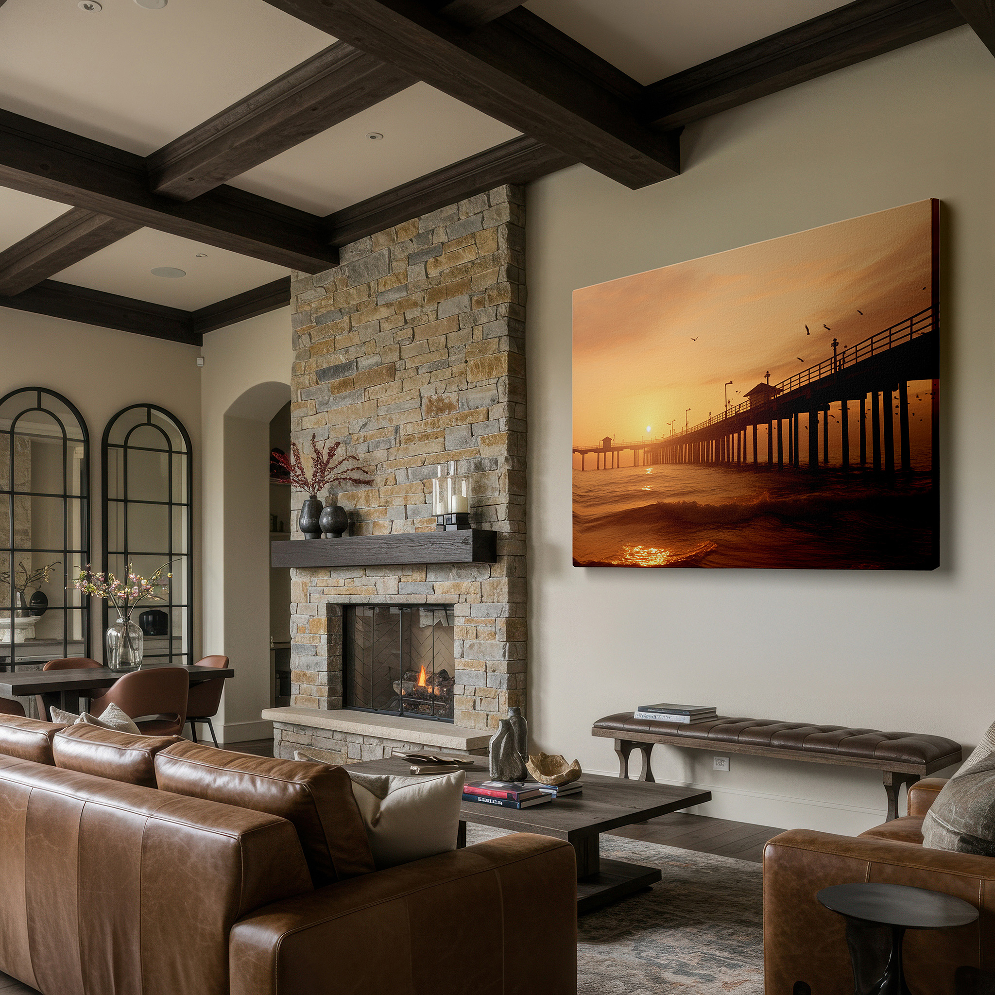 Set in a minimalist interior with textured walls and soft rugs — serene sunset at the fishing pier: large canvas wall art featuring warm hues and coastal calm, ideal for home or office decor