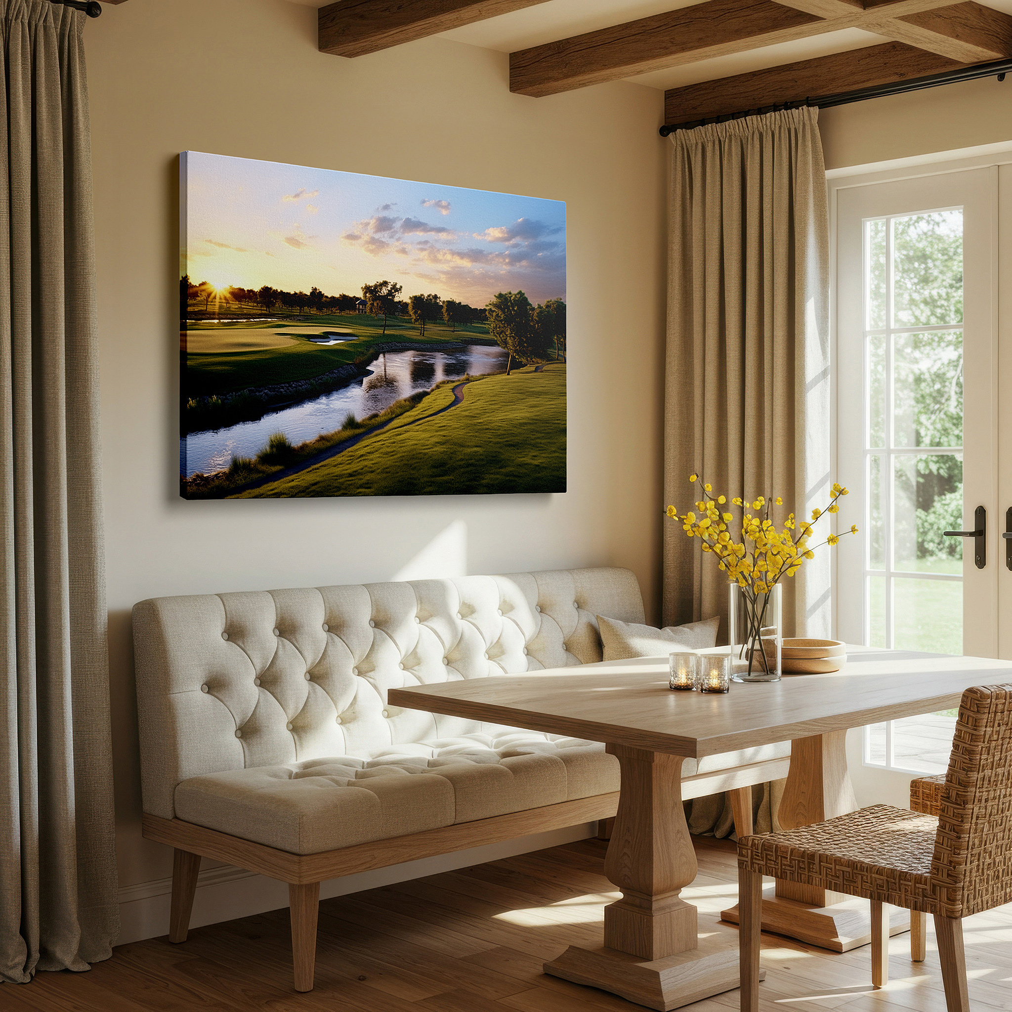 Set in a minimalist interior with textured walls and soft rugs — serene sunset golf course, tranquil landscape with lush greenery and radiant skies, large canvas wall art decor for office