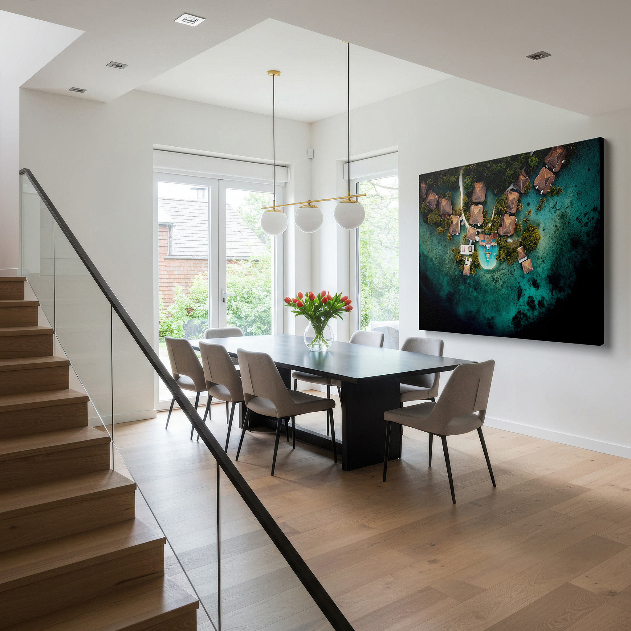 Set in a minimalist interior with textured walls and soft rugs — serene tropical resort featuring opulent overwater bungalows on a sparkling aquamarine lagoon - large wall art, canvas wall art, wall decor for office