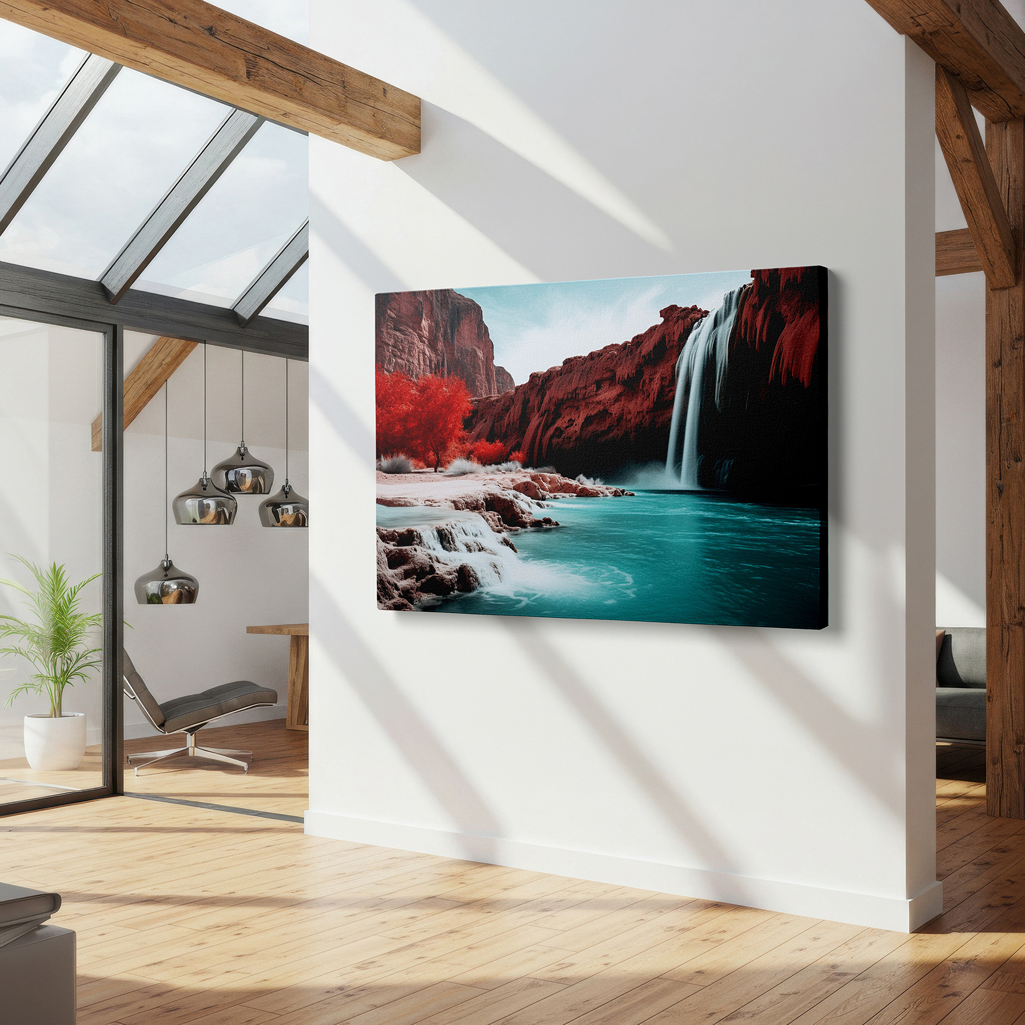 Set in a minimalist interior with textured walls and soft rugs — serene waterfalls on crimson rocks surrounded by verdant foliage: oversized wall art for living rooms, bedrooms, and offices