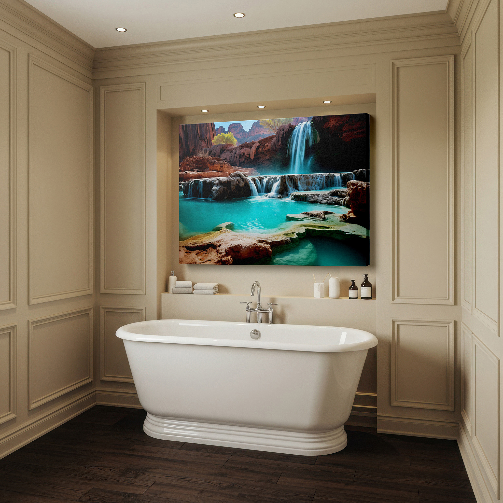 Set in a minimalist interior with textured walls and soft rugs — serene waterfalls and turquoise pool - tranquil nature's beauty large wall art, canvas wall art, wall decor for office and bedroom