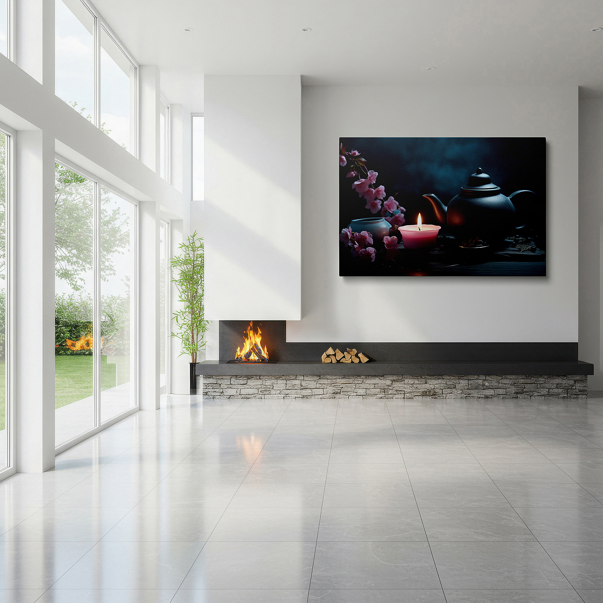 Set in a minimalist interior with textured walls and soft rugs — serenity in still life: black teapot, candle glow, and cherry blossoms - large canvas wall art for office and bedroom decor