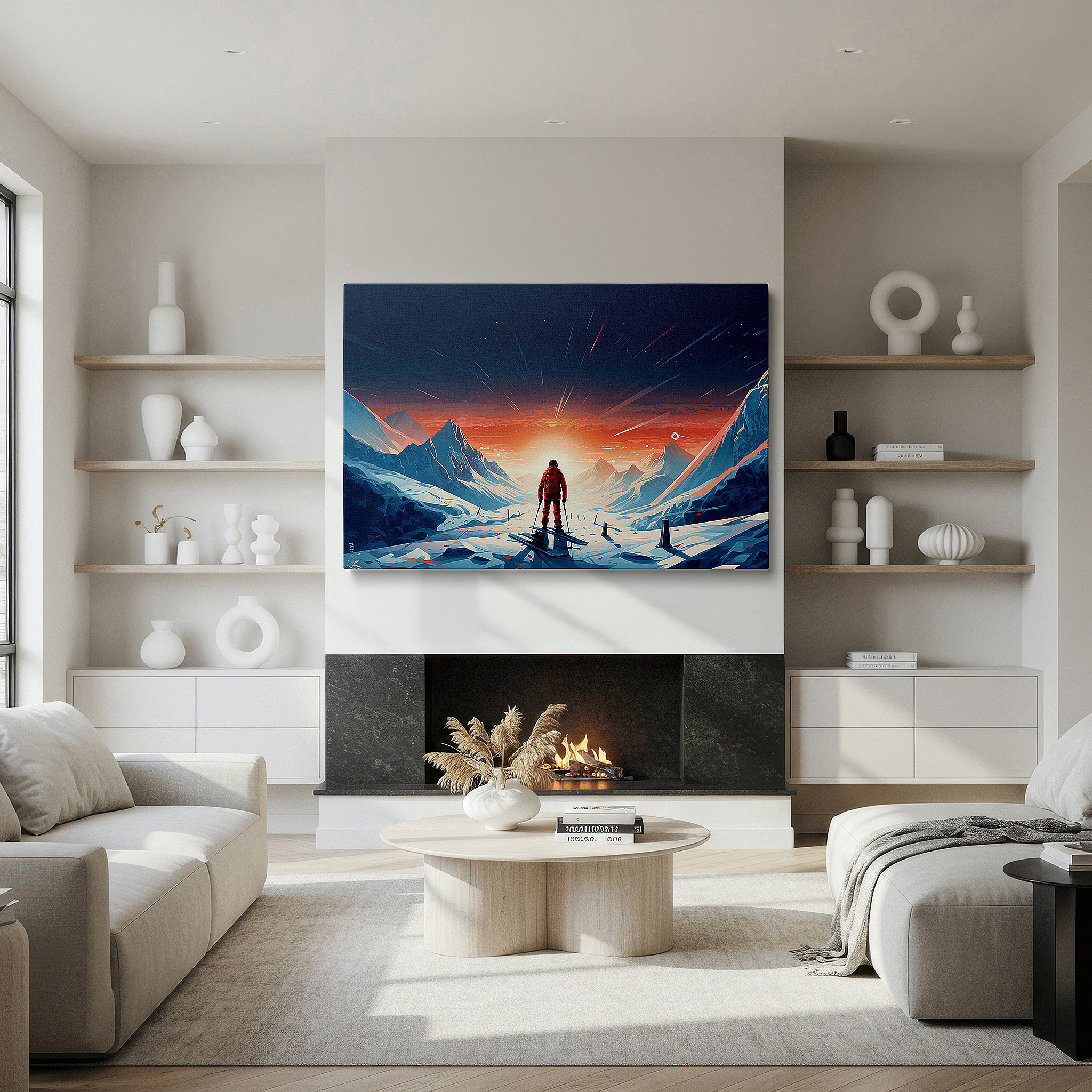 Set in a minimalist interior with textured walls and soft rugs — snow-covered landscape at sunset: bold light and shadow wall art - large canvas for home and office decor