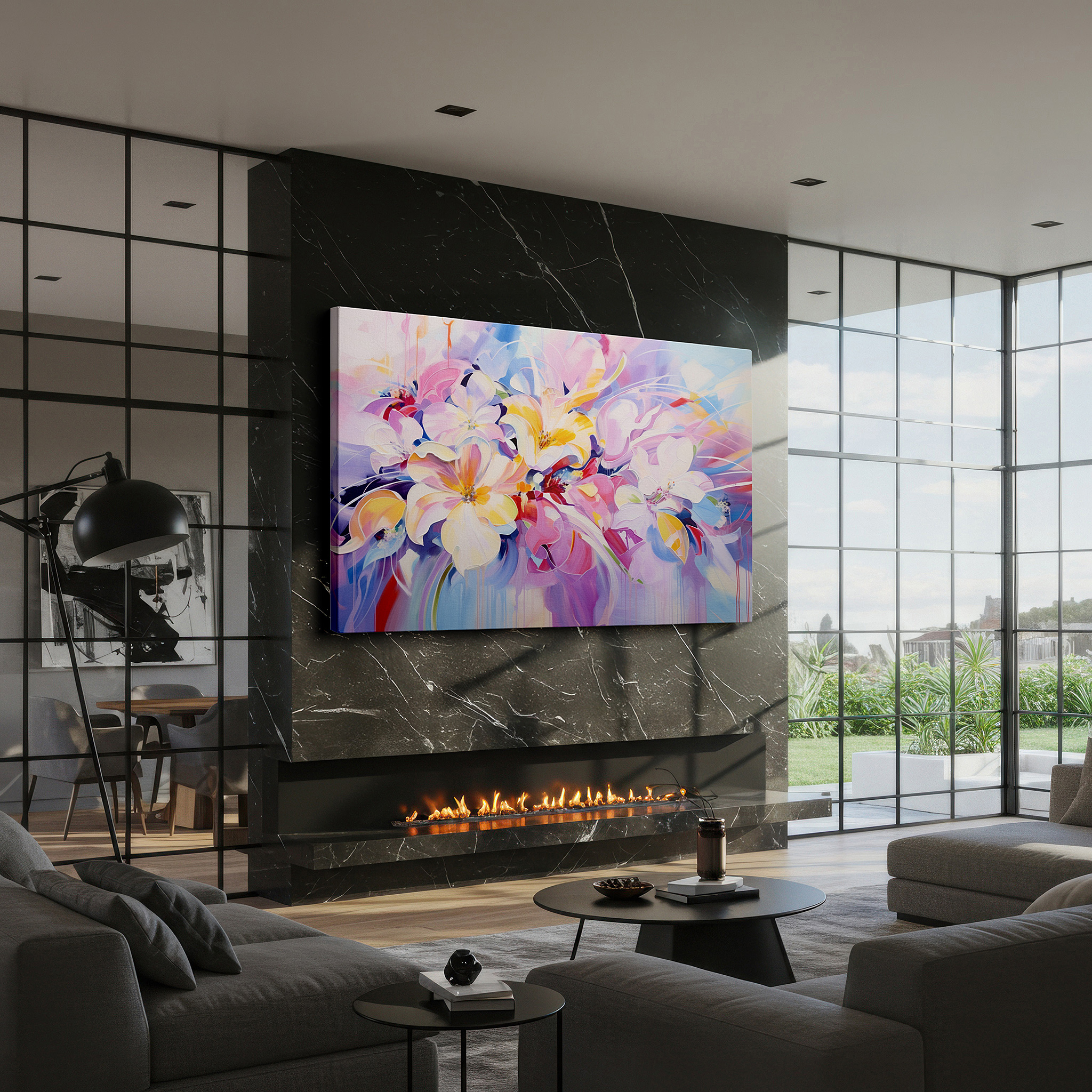 Set in a minimalist interior with textured walls and soft rugs — soothing pastel wall art celebrating nature's fleeting beauty - large canvas for home and office decor