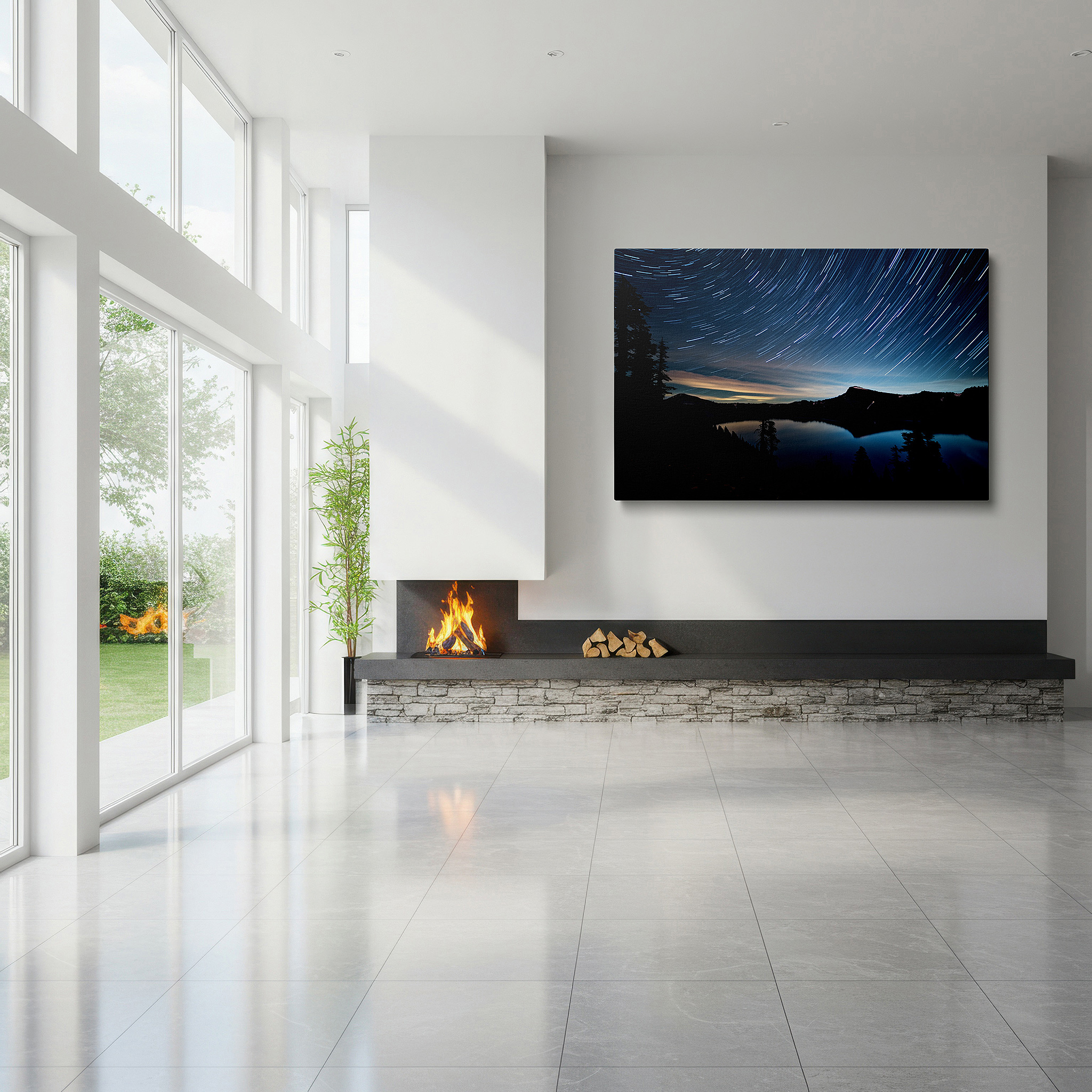 Set in a minimalist interior with textured walls and soft rugs — star trails above serene lake with pine tree silhouettes - large canvas wall art for office, bedroom, and living room decor
