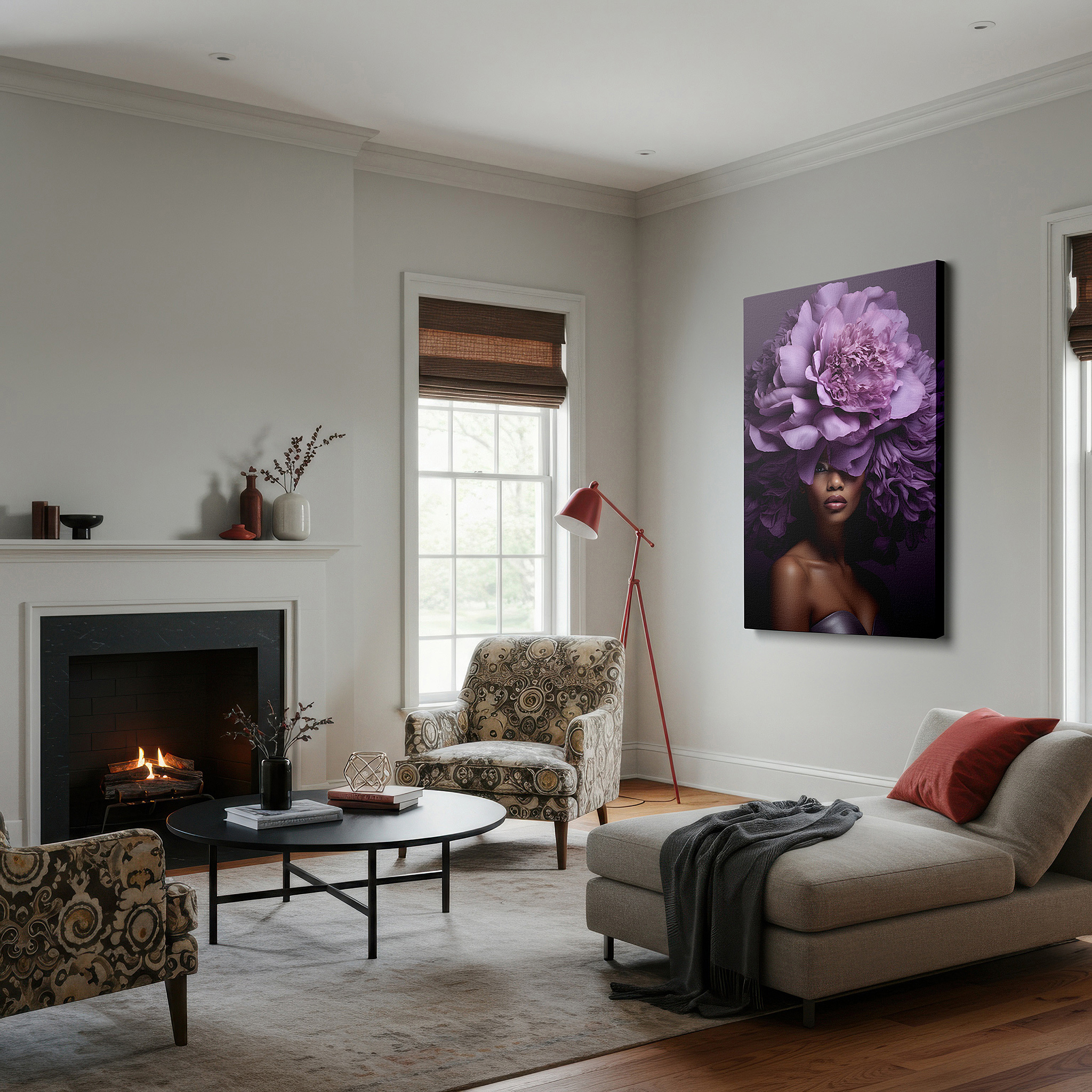 Set in a minimalist interior with textured walls and soft rugs — stunning large wall art featuring a woman with a vibrant purple oversized floral headpiece, canvas wall art, wall decor for office