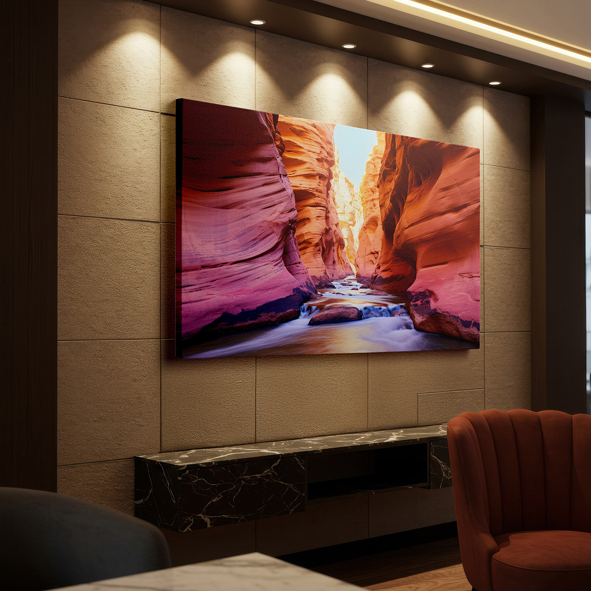 Set in a minimalist interior with textured walls and soft rugs — sunlit canyon with tranquil waters and ancient rocks large wall art, canvas decor for office, bedroom, and living room