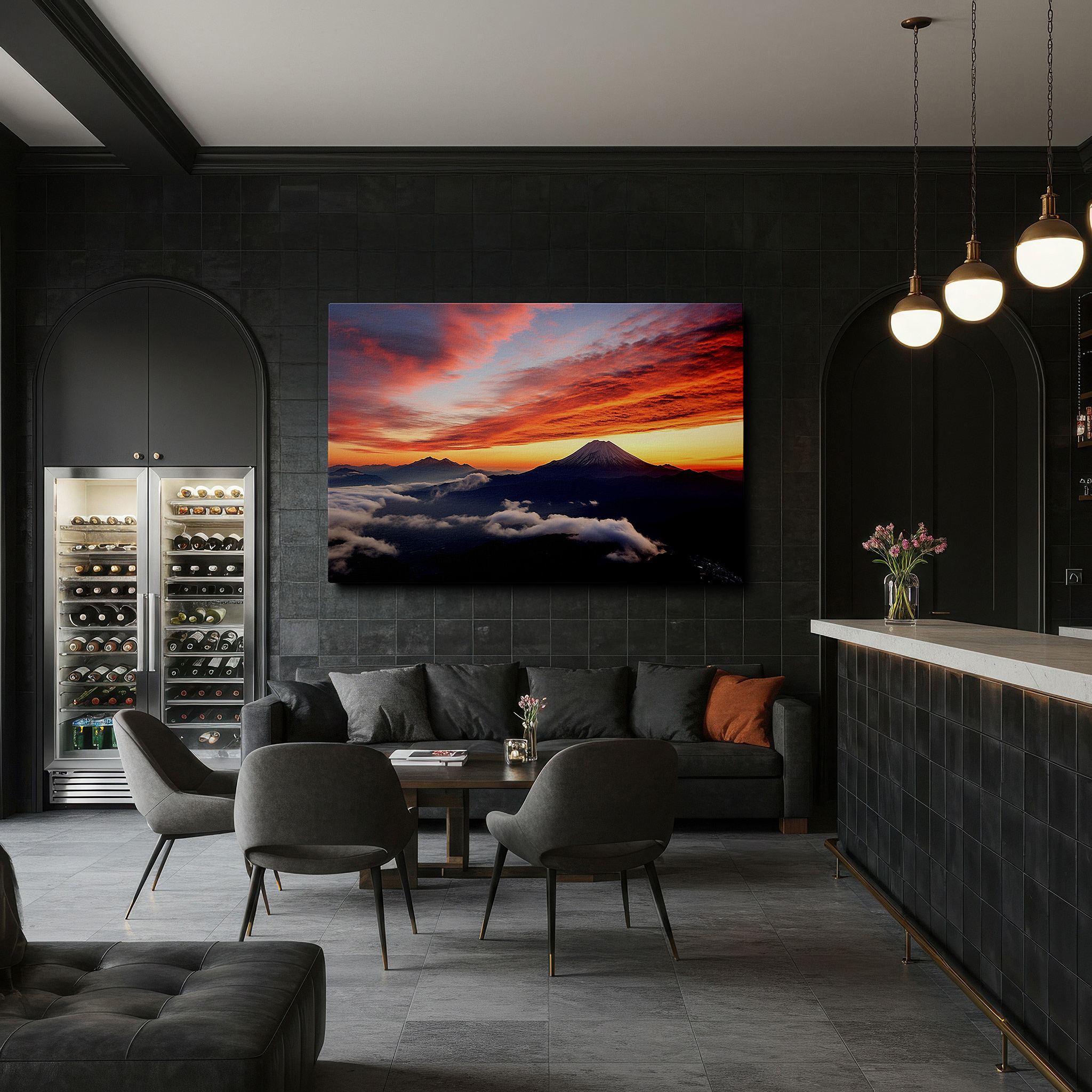 Set in a minimalist interior with textured walls and soft rugs — sunset over majestic mount fuji, large wall art featuring vibrant oranges and purples, canvas wall art for office and bedroom decor